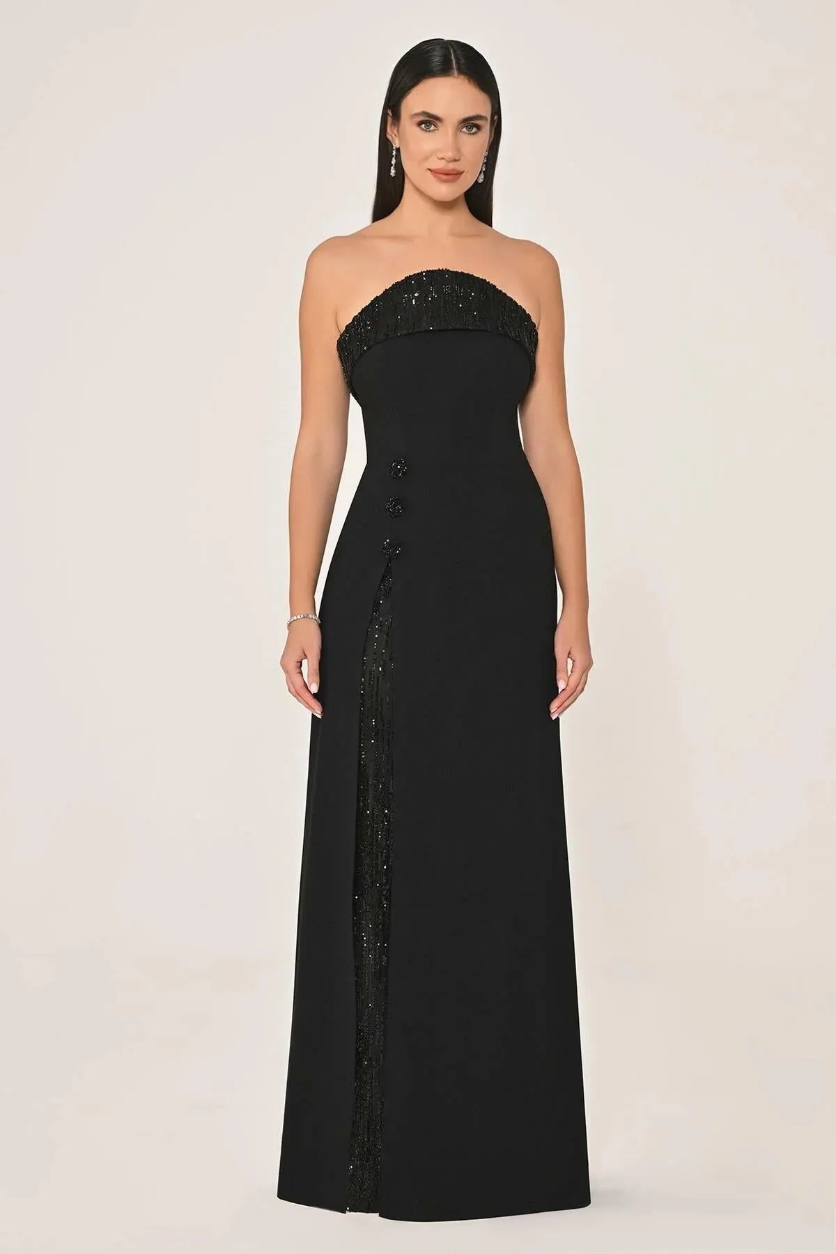 Strapless Chest and Slit Sequined Crepe Long Evening Dress