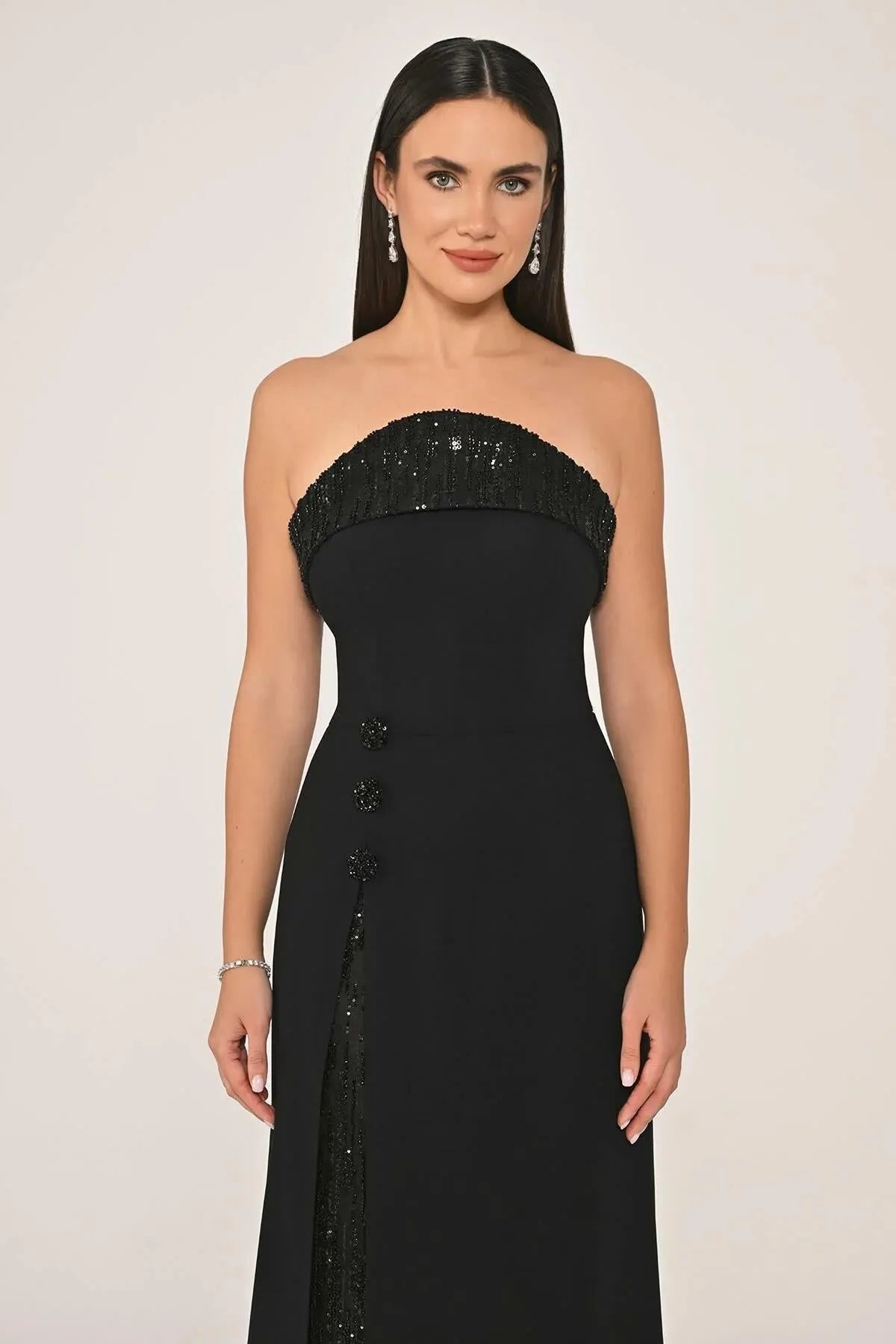 Strapless Chest and Slit Sequined Crepe Long Evening Dress
