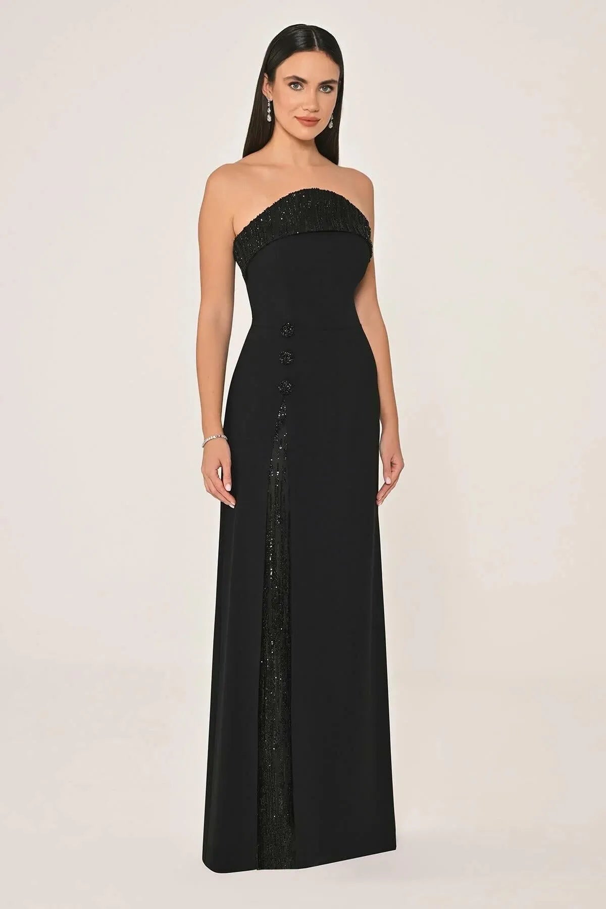 Strapless Chest and Slit Sequined Crepe Long Evening Dress