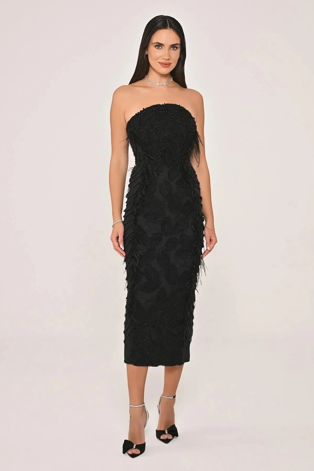 Strapless Pearl and Bead Detailed Otris Midi Evening Dress