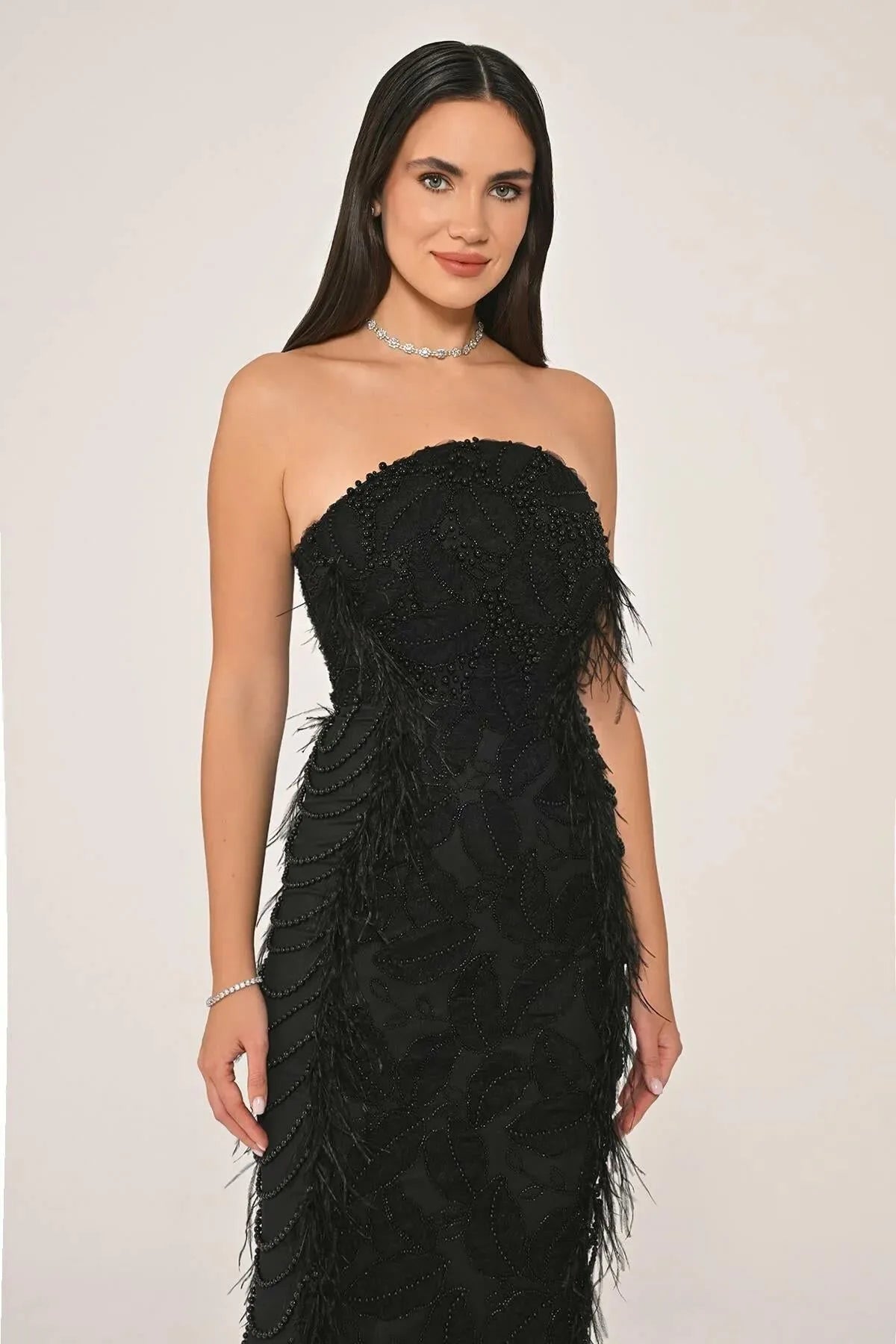 Strapless Pearl and Bead Detailed Otris Midi Evening Dress