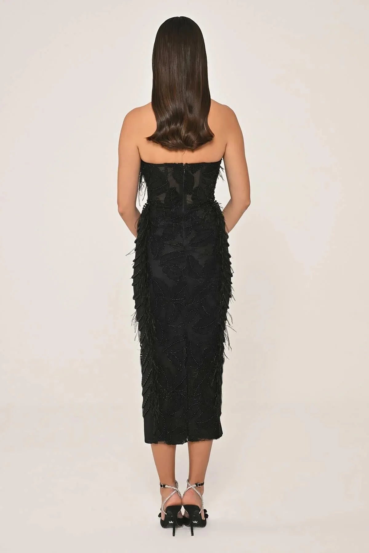 Strapless Pearl and Bead Detailed Otris Midi Evening Dress