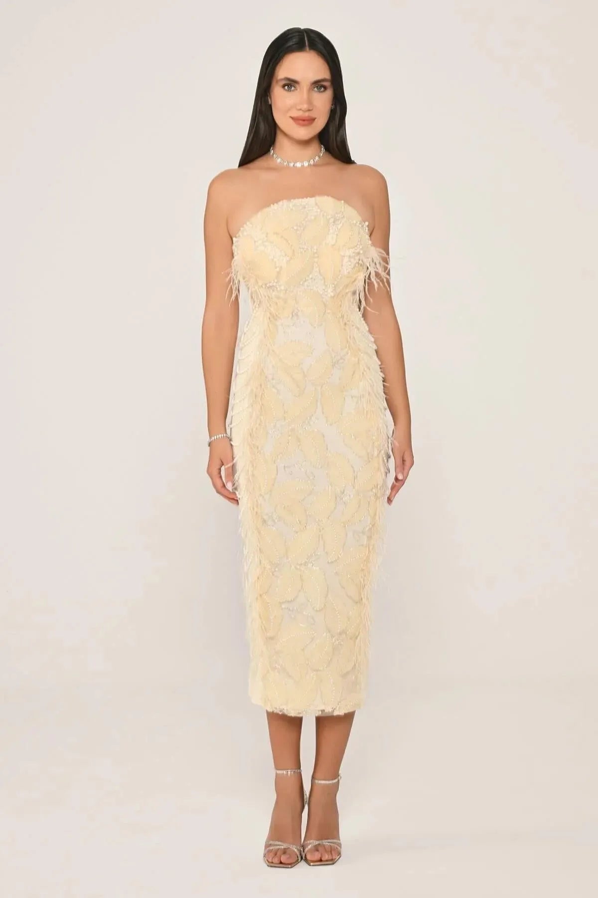 Strapless Pearl and Bead Detailed Otris Midi Evening Dress