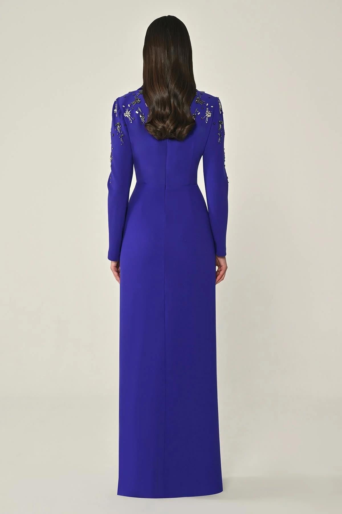Long Sleeved Collar and Waist Accessory Long Crepe Evening Dress