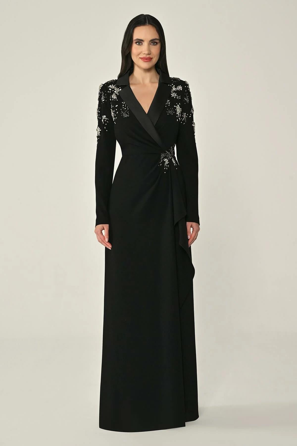 Long Sleeved Collar and Waist Accessory Long Crepe Evening Dress