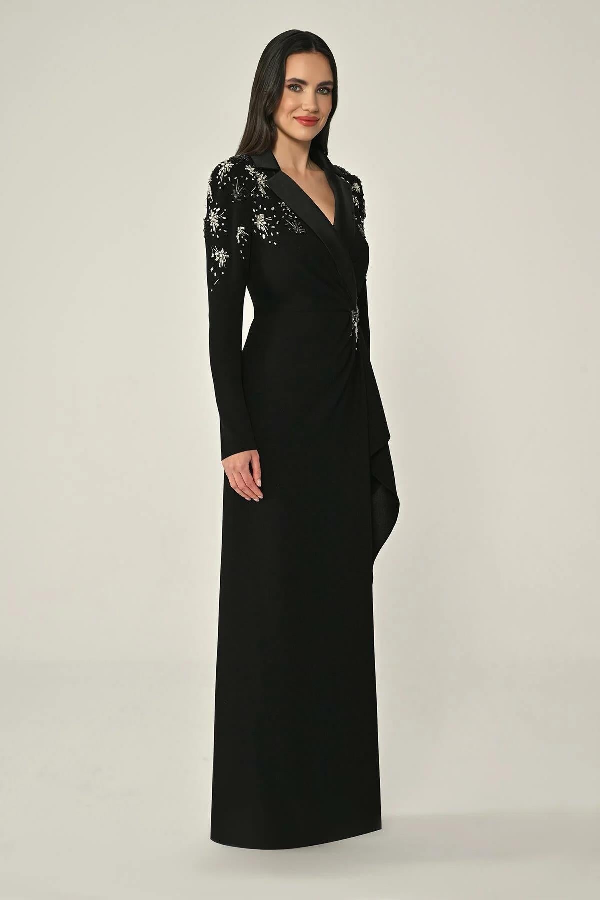 Long Sleeved Collar and Waist Accessory Long Crepe Evening Dress