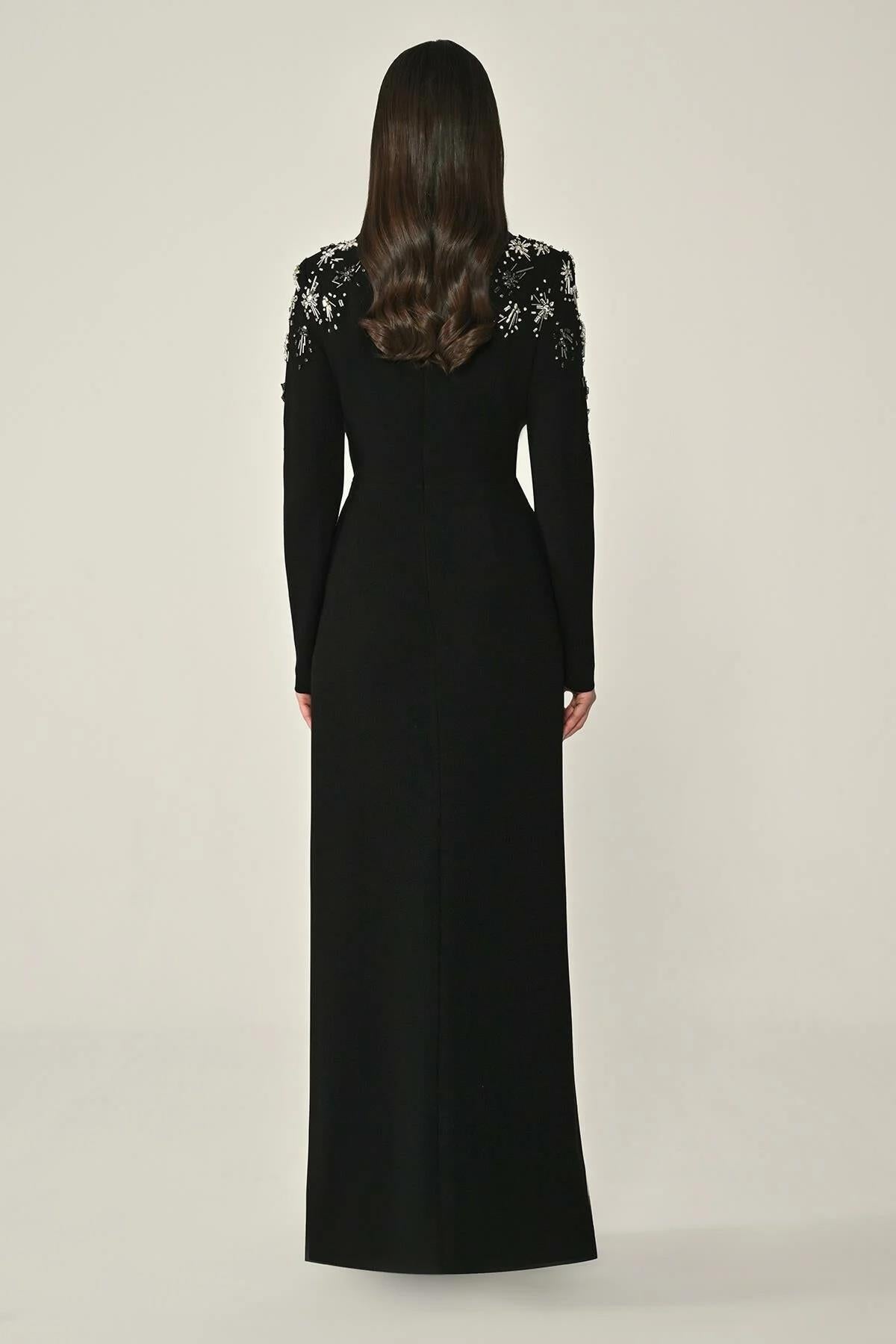 Long Sleeved Collar and Waist Accessory Long Crepe Evening Dress