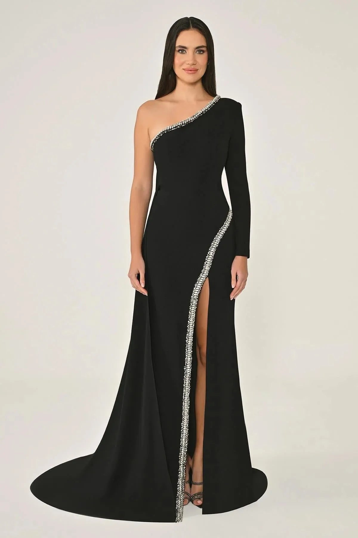 One Shoulder Stone Accessory Tailed Crepe Long Evening Dress