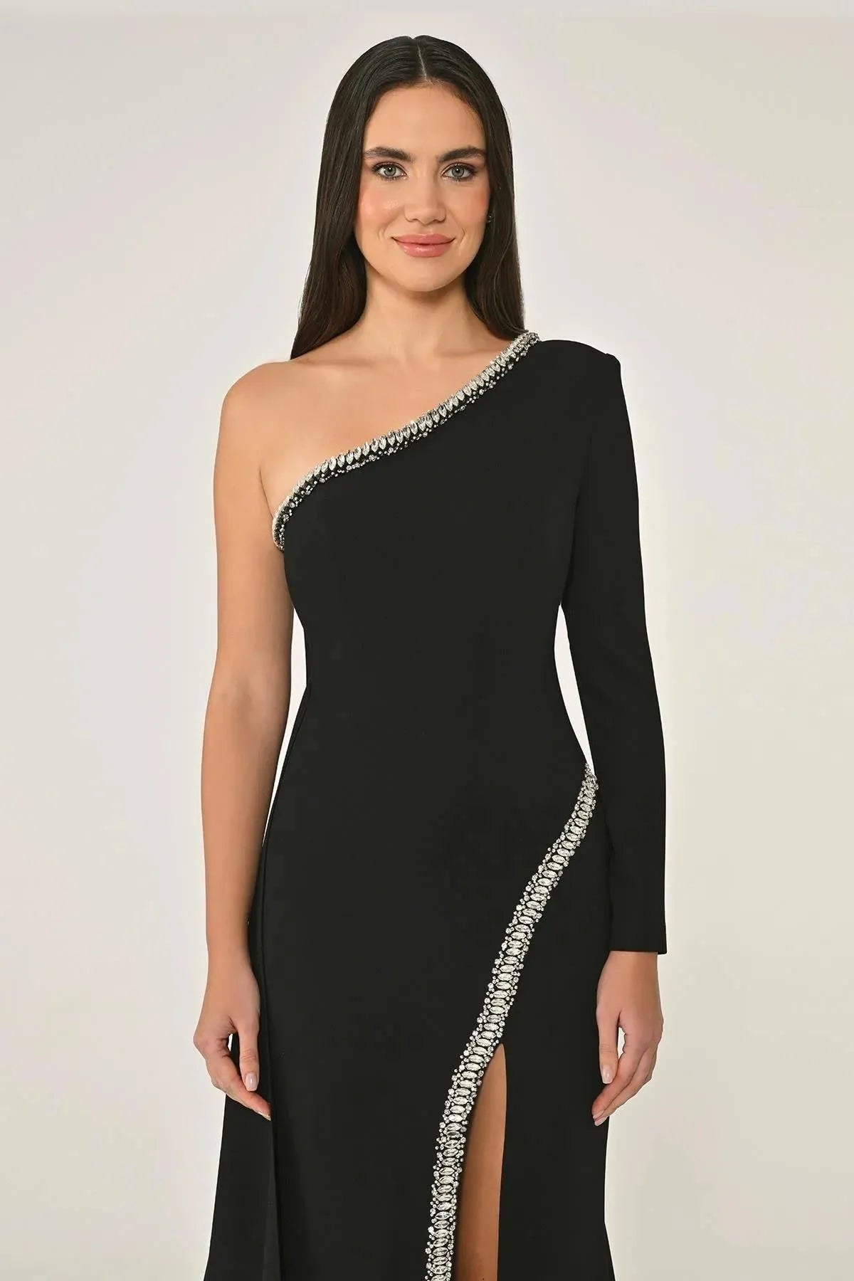 One Shoulder Stone Accessory Tailed Crepe Long Evening Dress