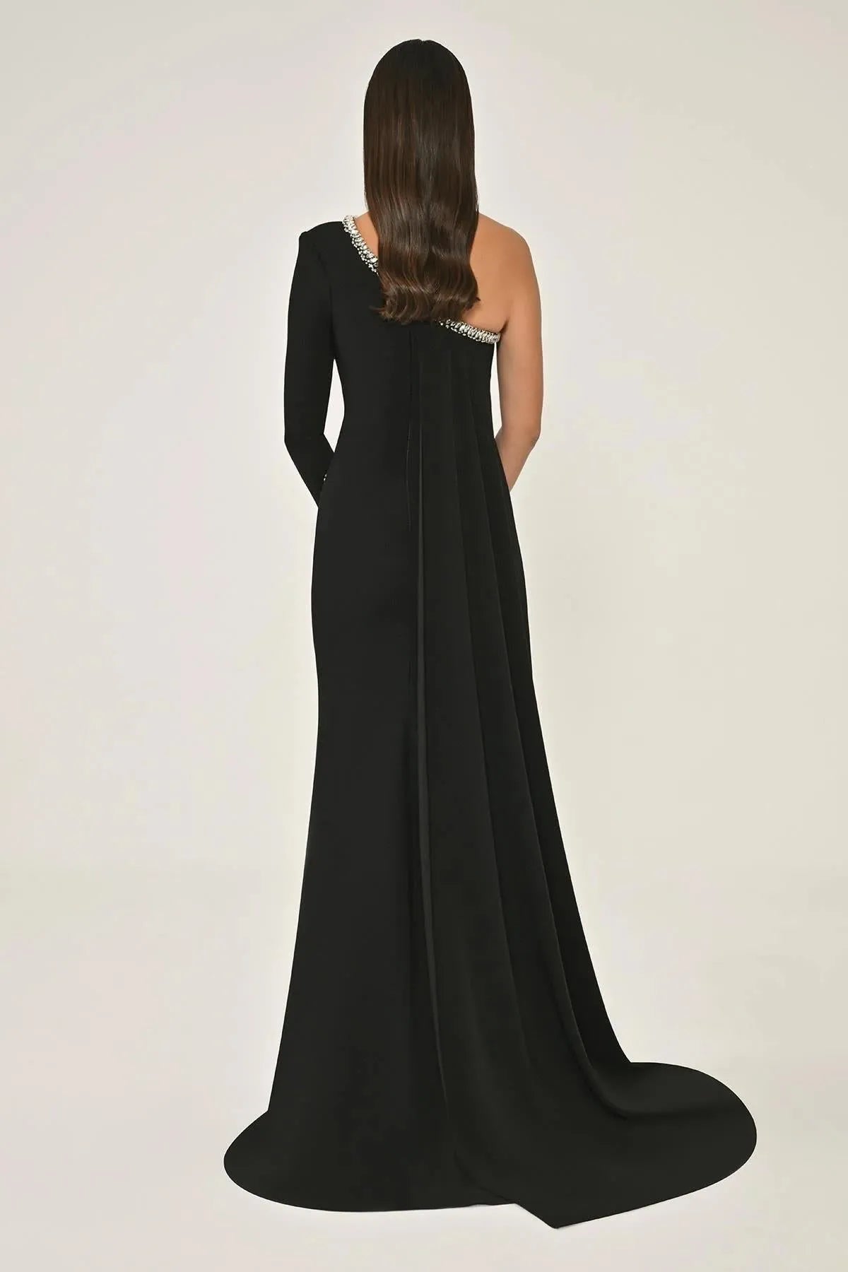 One Shoulder Stone Accessory Tailed Crepe Long Evening Dress