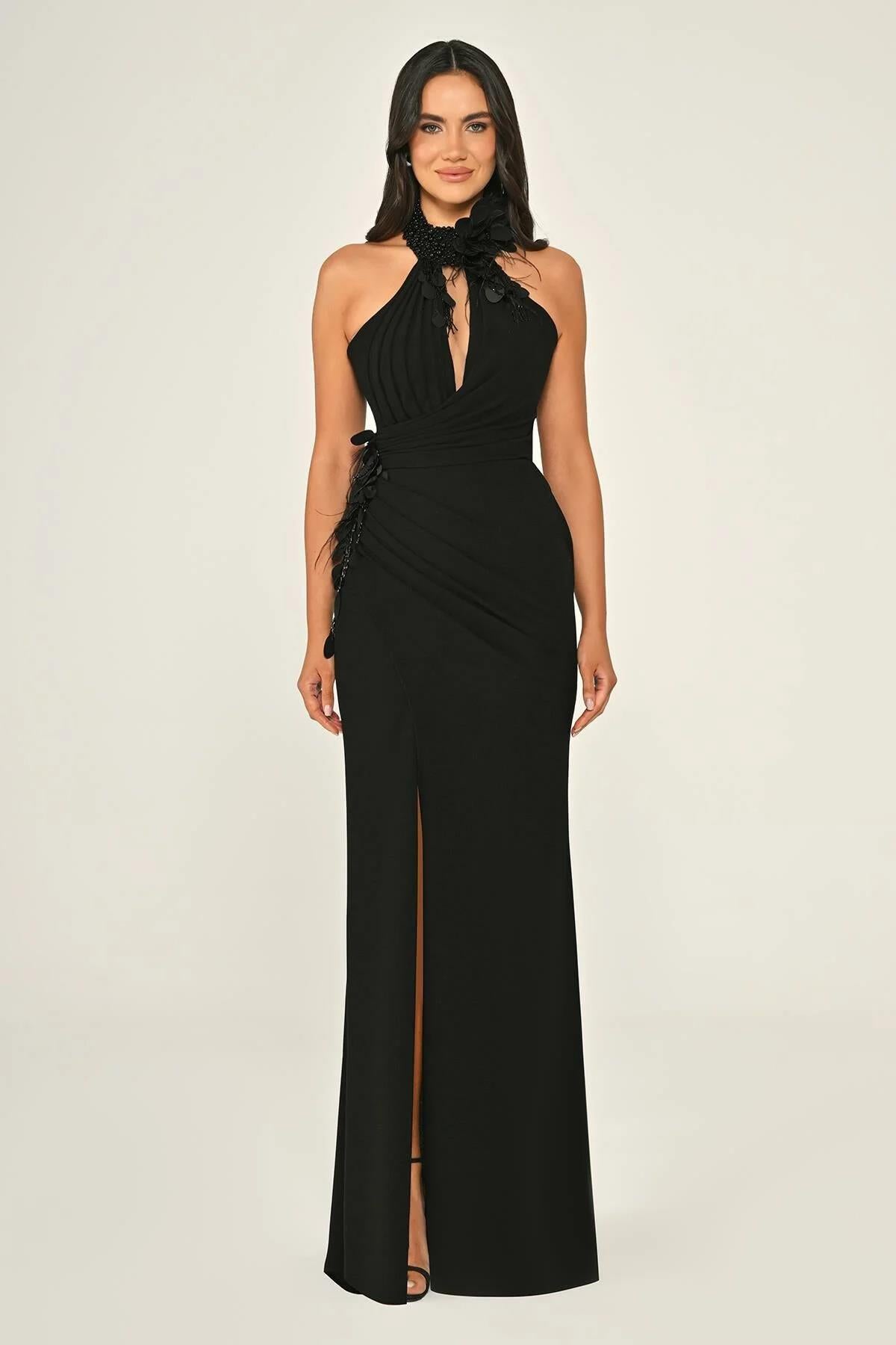Halter Neck Slim Cut Slit Crepe Long Evening Dress