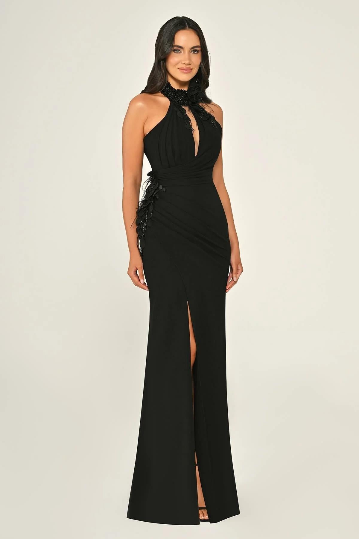Halter Neck Slim Cut Slit Crepe Long Evening Dress