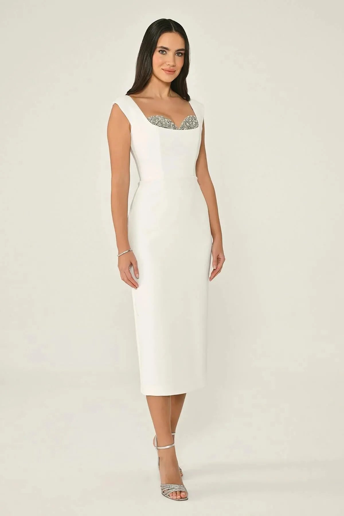 Crepe Midi Evening Dress with Chest Accessory