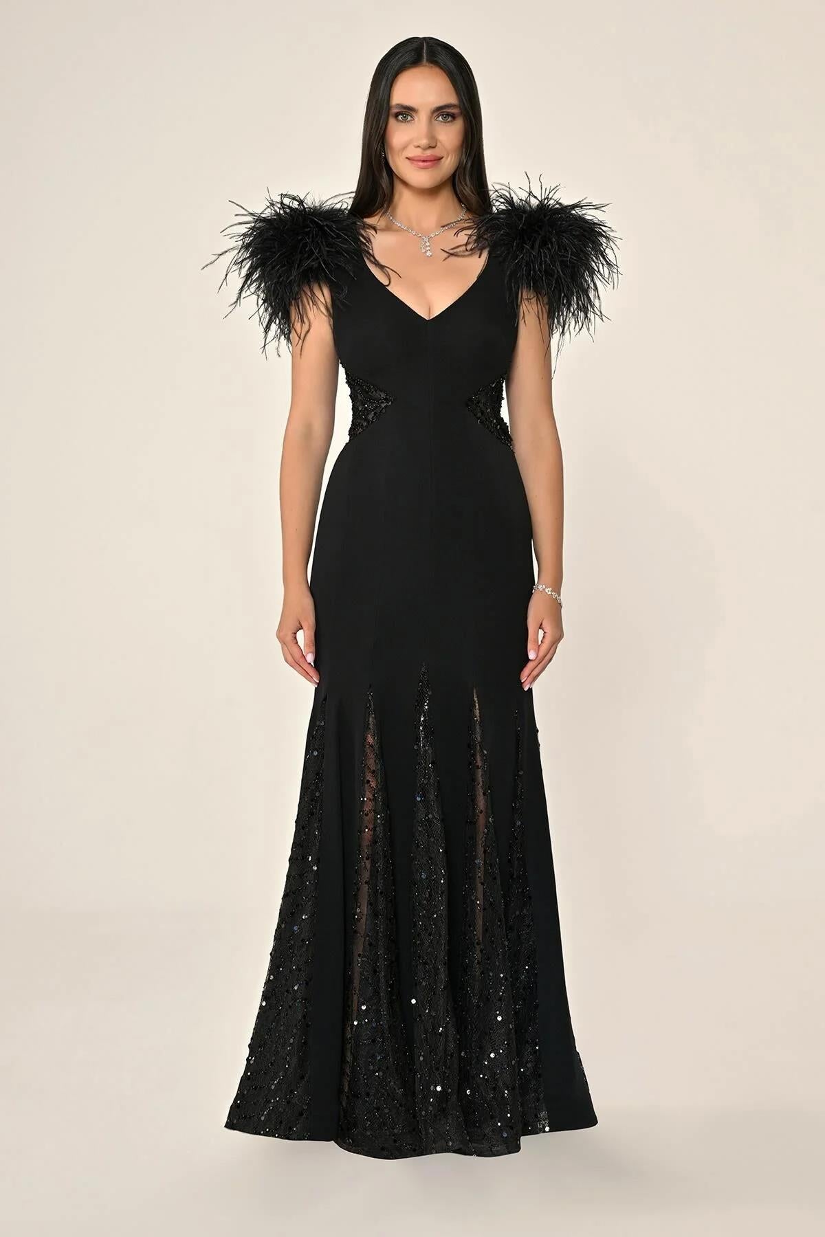 Long Evening Dress with Sequined Shoulders, Waist Back and Skirt