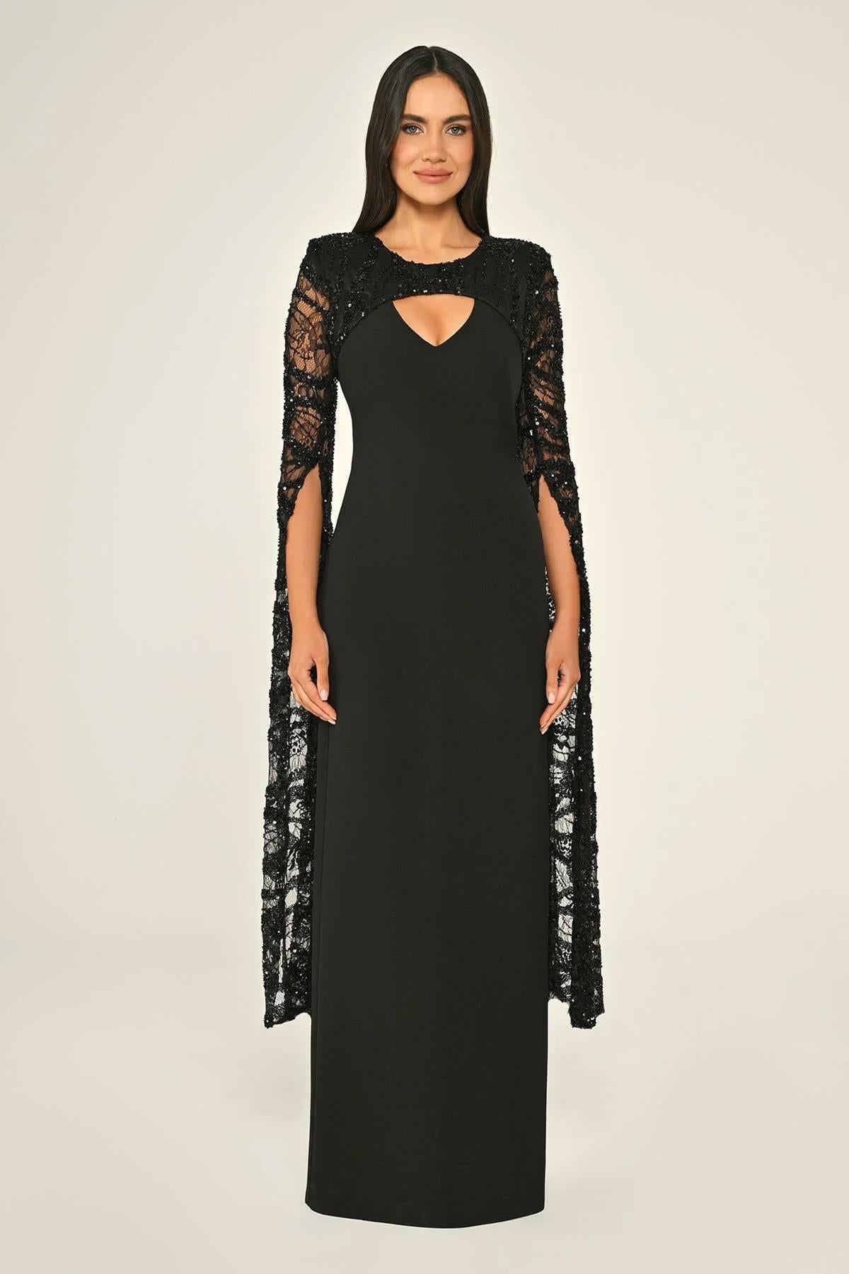 Beaded Sequin Shawl Sleeve Crepe Plus Size Long Evening Dress