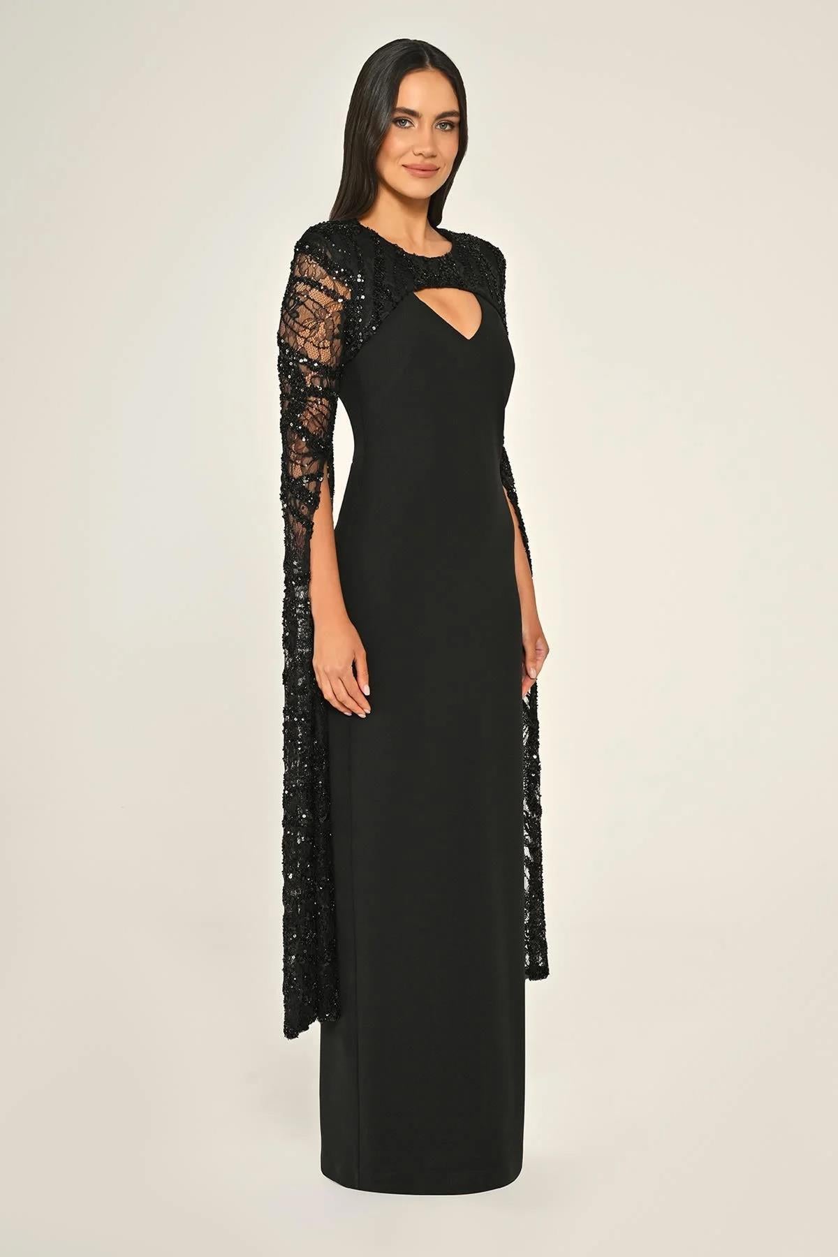 Beaded Sequin Shawl Sleeve Crepe Plus Size Long Evening Dress