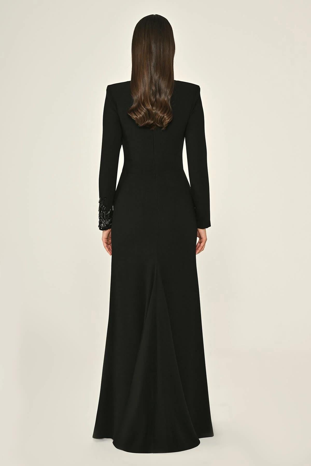 Sequined Chest Cowl Neck Crepe Long Evening Dress