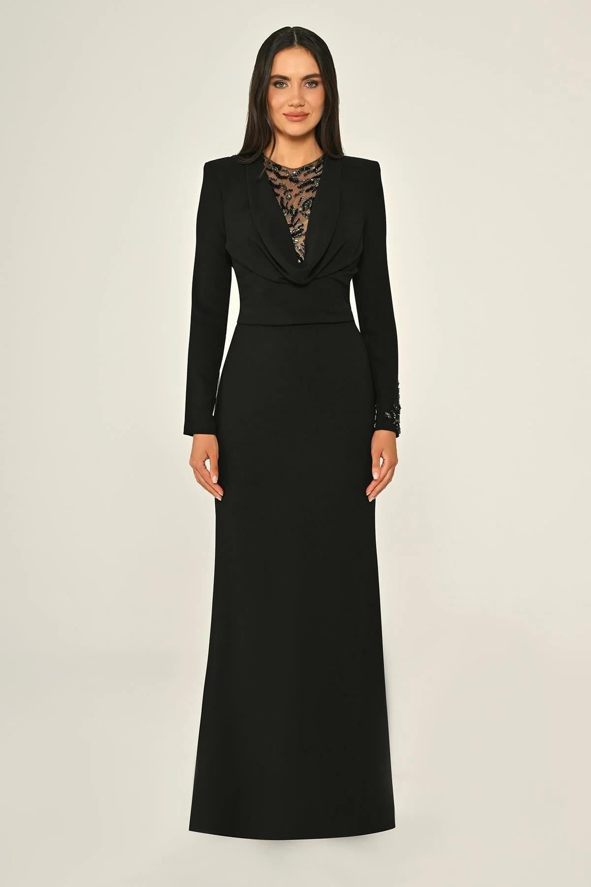 Sequined Chest Cowl Neck Crepe Long Evening Dress