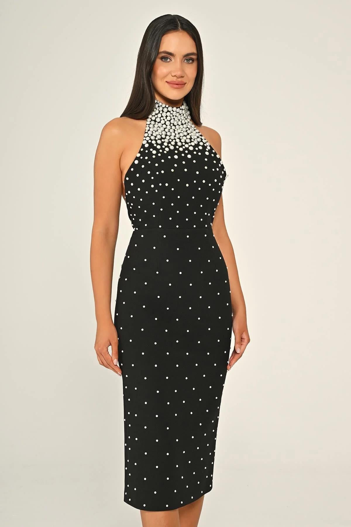 Halter Neck Pearl Embroidered Crepe Midi Evening Dress