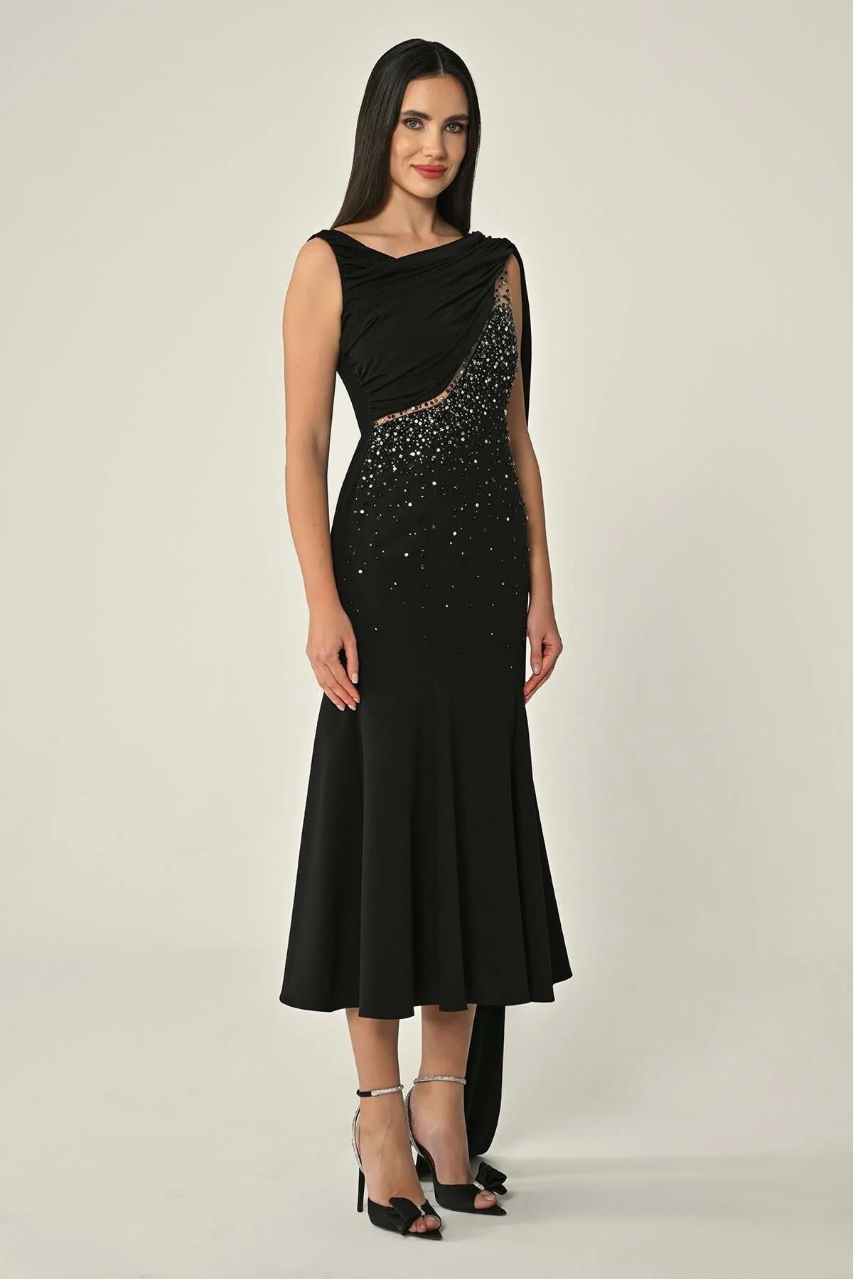 Shawl Accessory Stoned Crepe Midi Evening Dress
