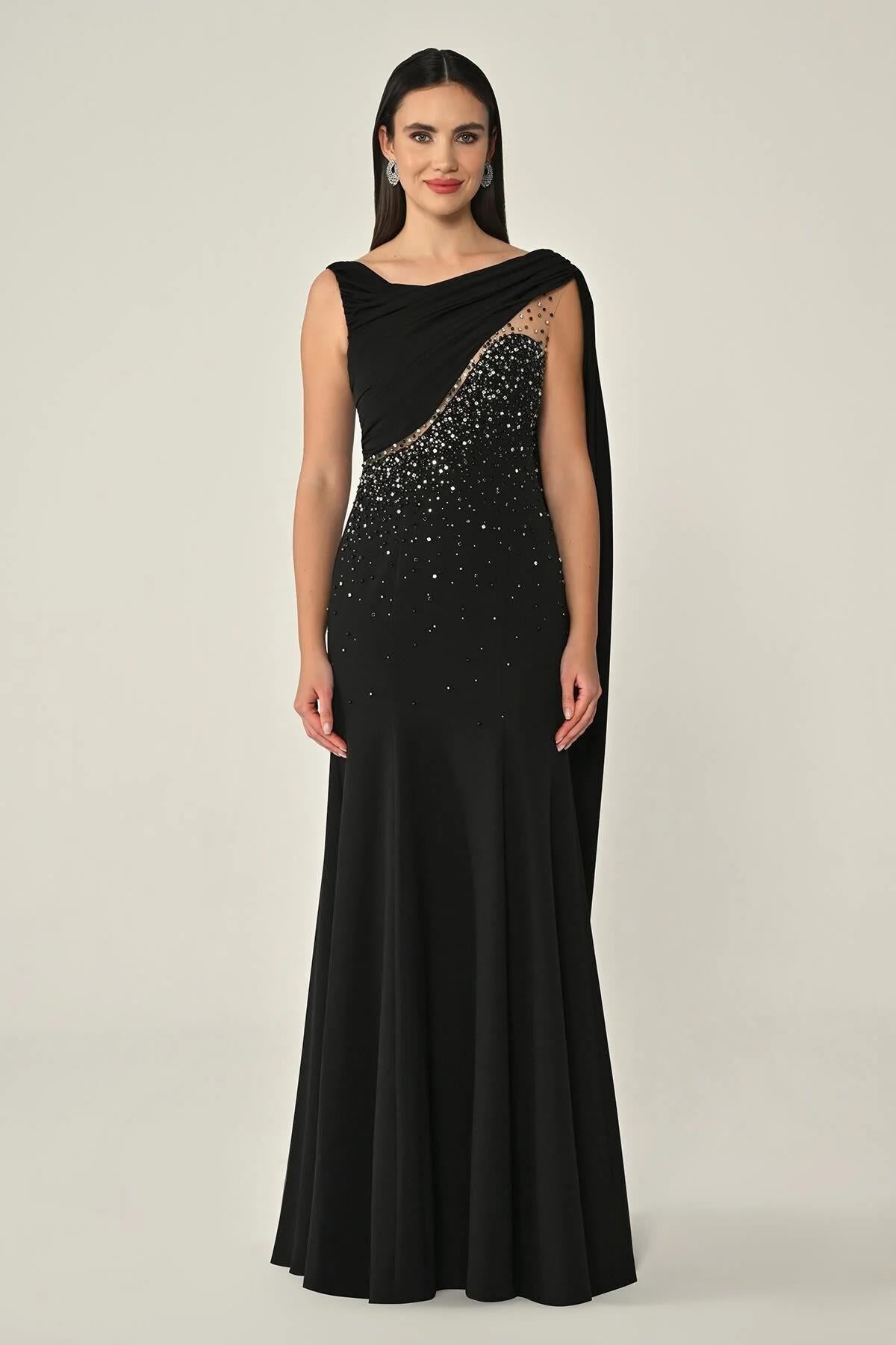 Shawl Accessory Stoned Crepe Long Evening Dress