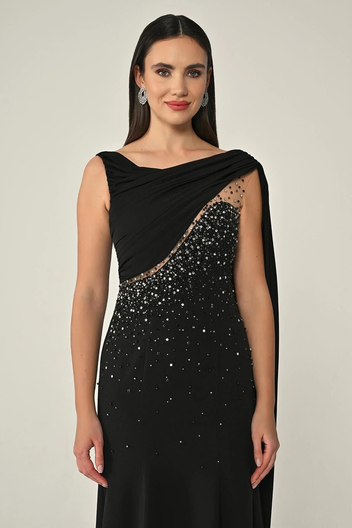 Shawl Accessory Stoned Crepe Long Evening Dress