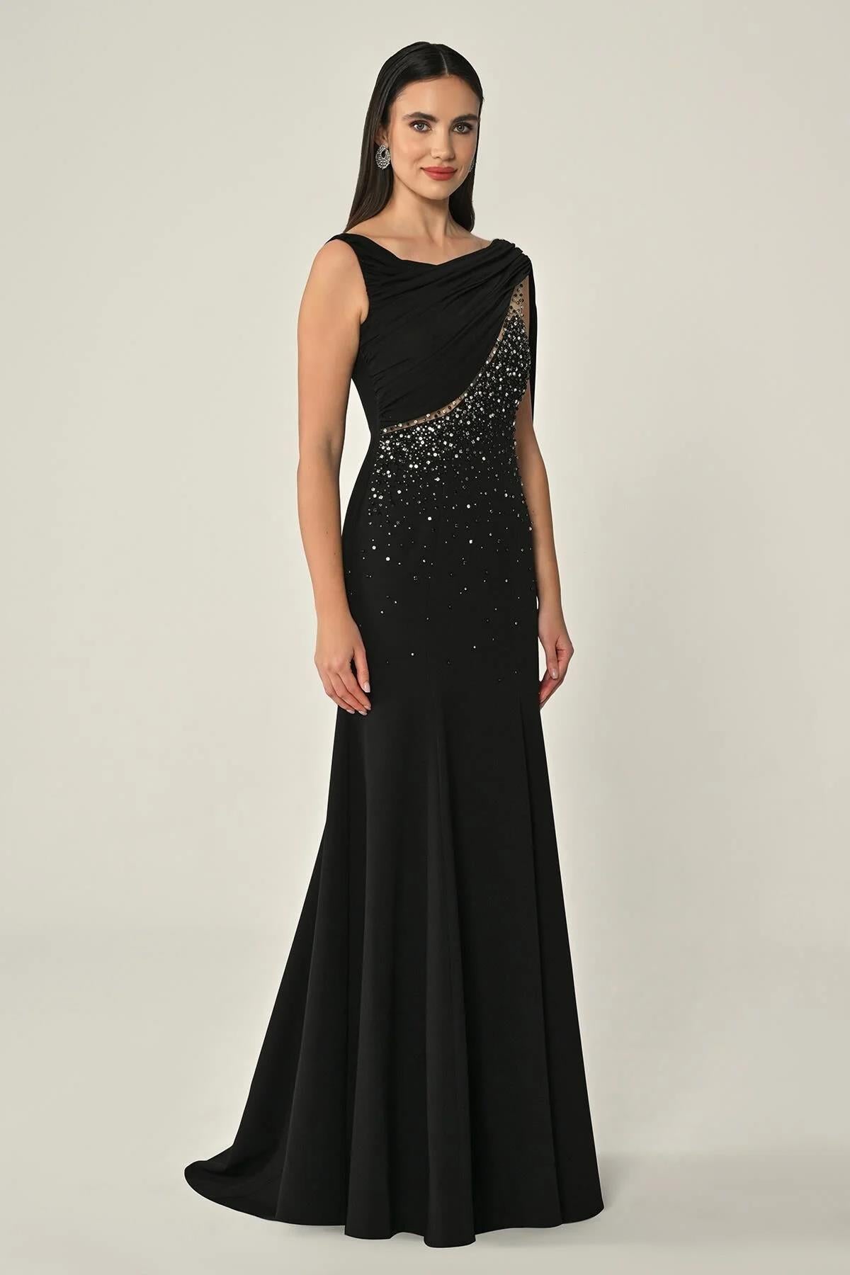 Shawl Accessory Stoned Crepe Long Evening Dress