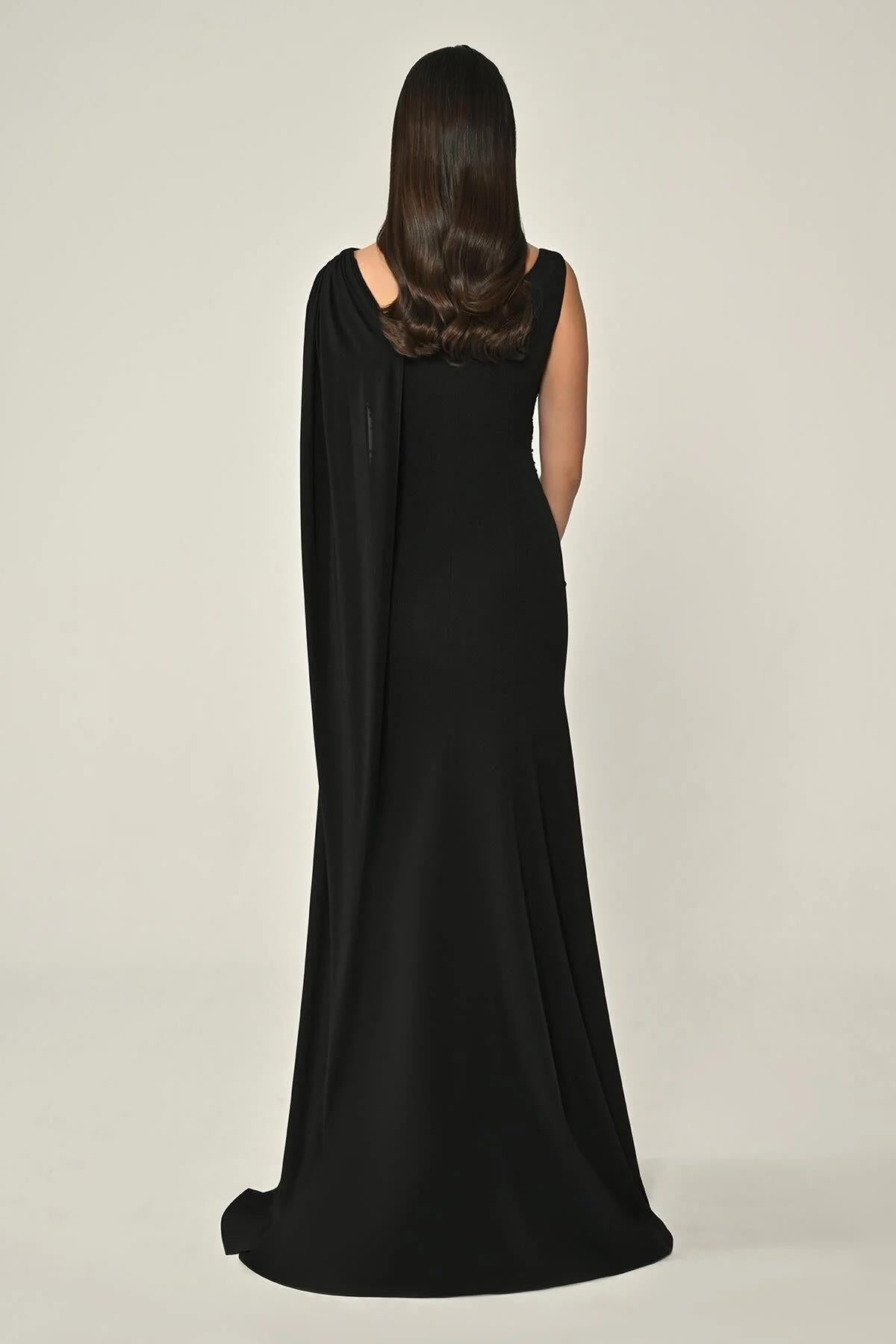 Shawl Accessory Stoned Crepe Long Evening Dress