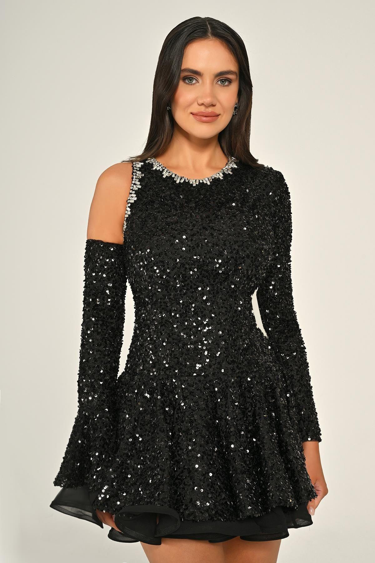 Long Sleeve Flounce Window Detail Sequin Short Evening Dress