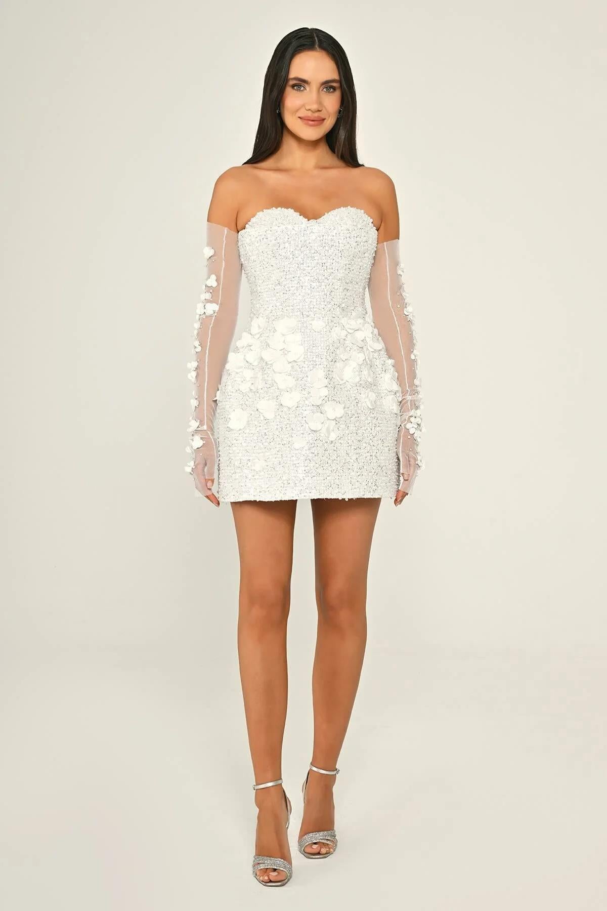 Strapless Heart-shaped Floral Detailed Tulle Glove Sequin Mini Evening Dress