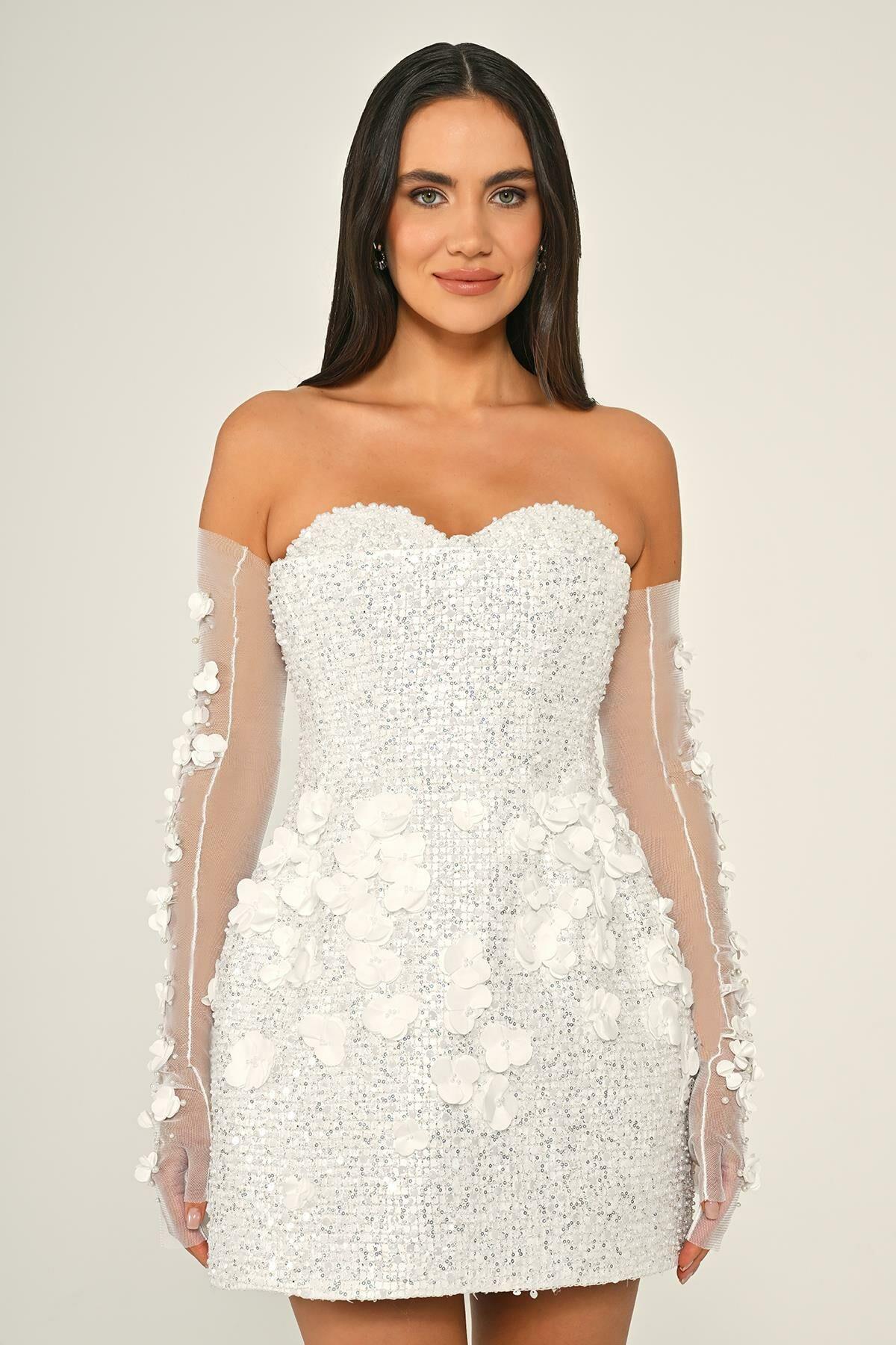 Strapless Heart-shaped Floral Detailed Tulle Glove Sequin Mini Evening Dress