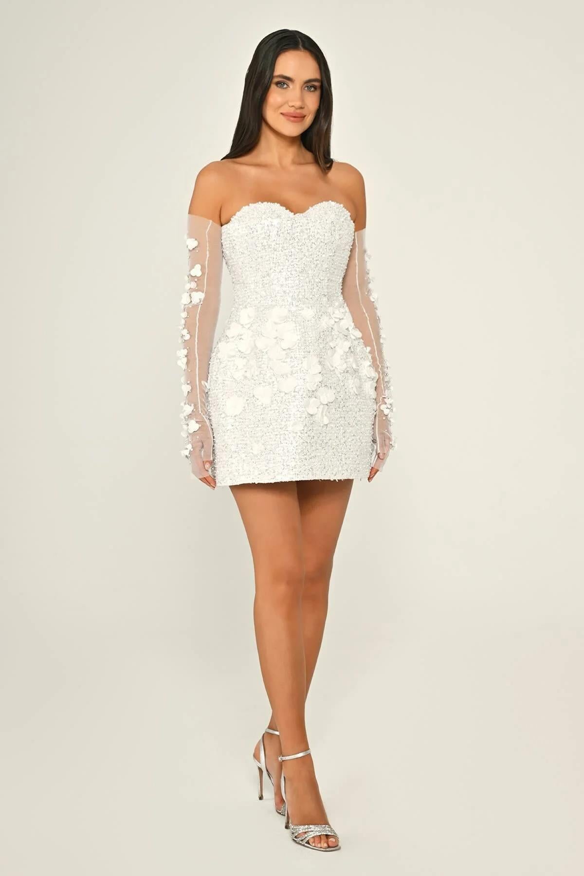 Strapless Heart-shaped Floral Detailed Tulle Glove Sequin Mini Evening Dress