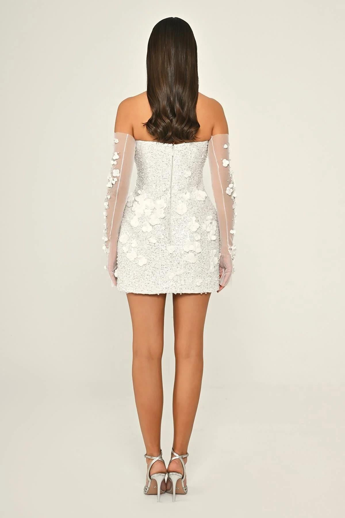 Strapless Heart-shaped Floral Detailed Tulle Glove Sequin Mini Evening Dress