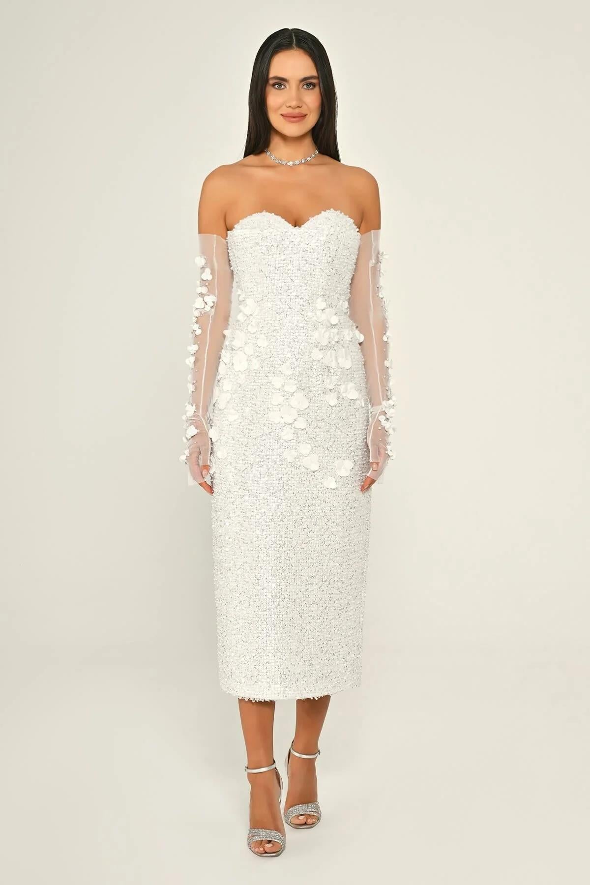 Strapless Tulle Glove Floral Detailed Sequined Midi Evening Dress