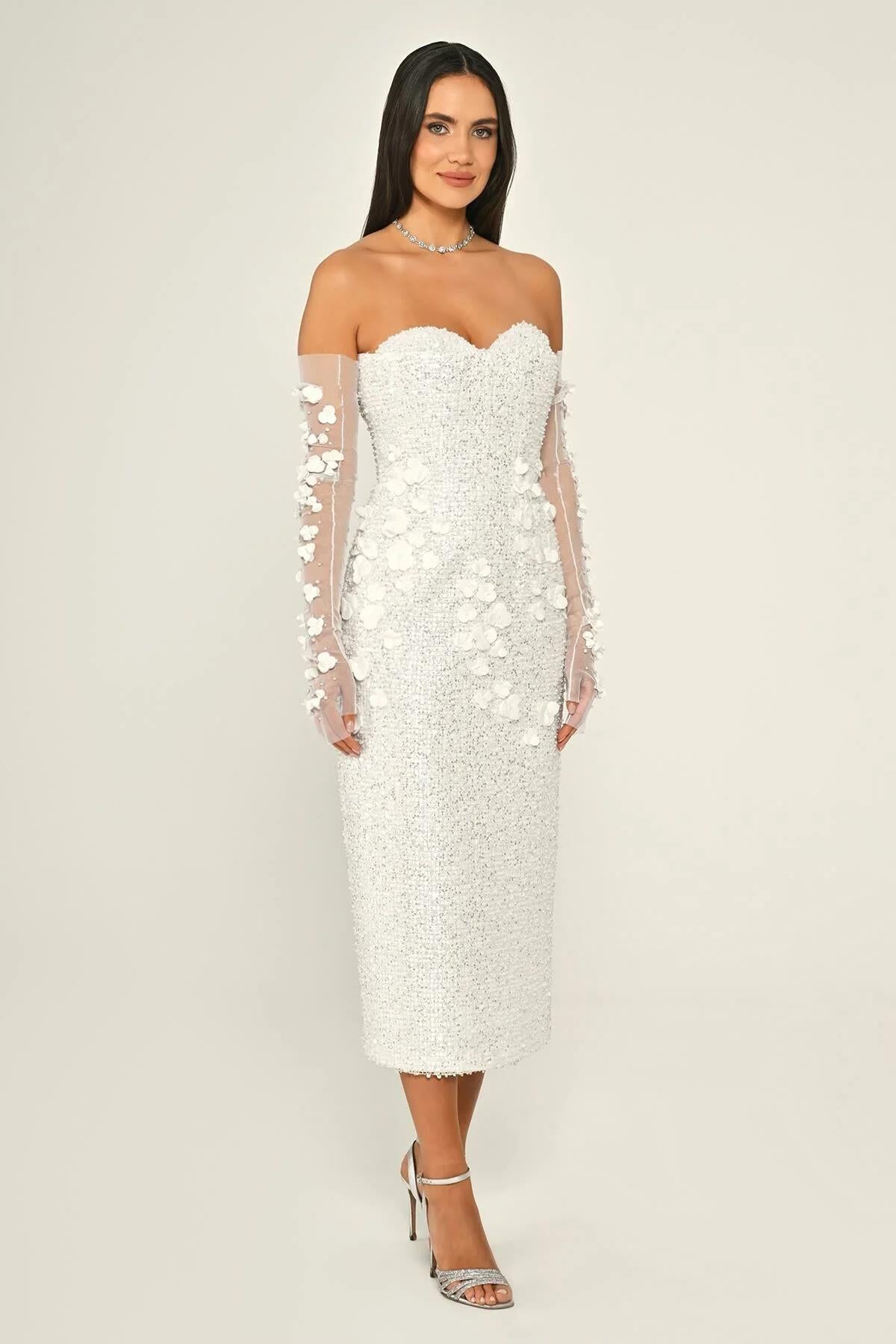 Strapless Tulle Glove Floral Detailed Sequined Midi Evening Dress