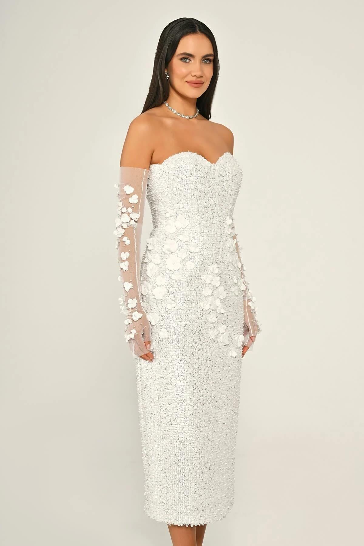 Strapless Tulle Glove Floral Detailed Sequined Midi Evening Dress