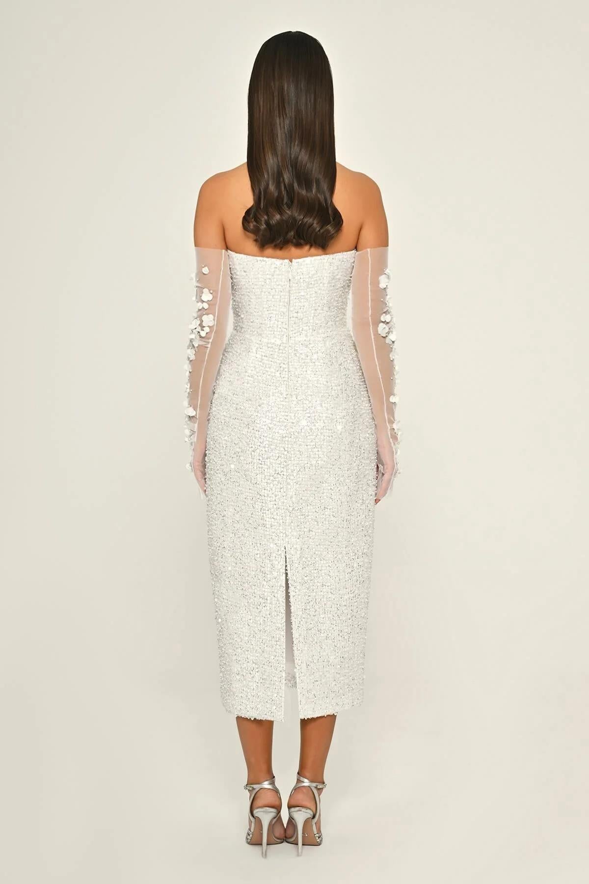 Strapless Tulle Glove Floral Detailed Sequined Midi Evening Dress