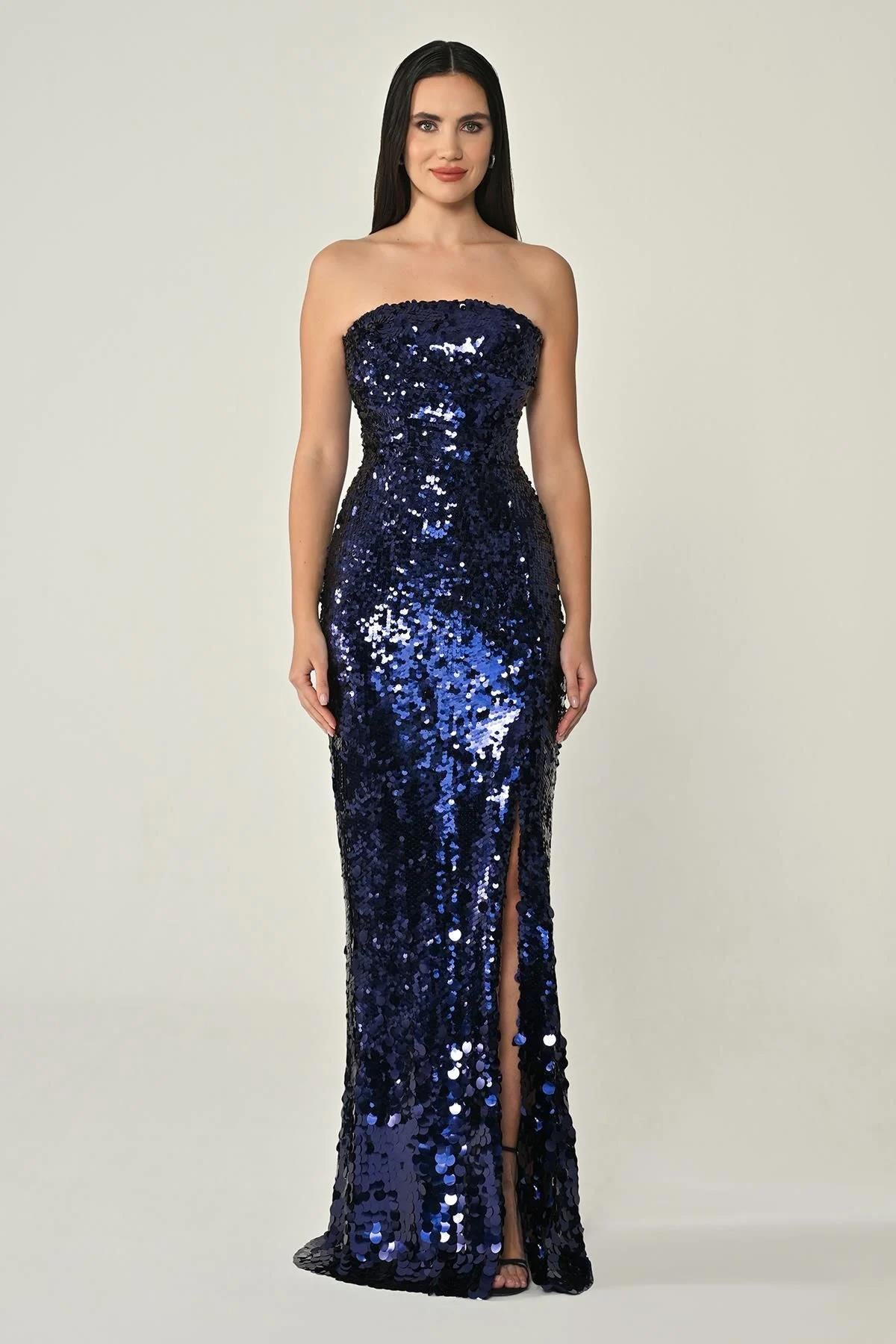 Strapless Front Slit Full Sequin Long Evening Dress