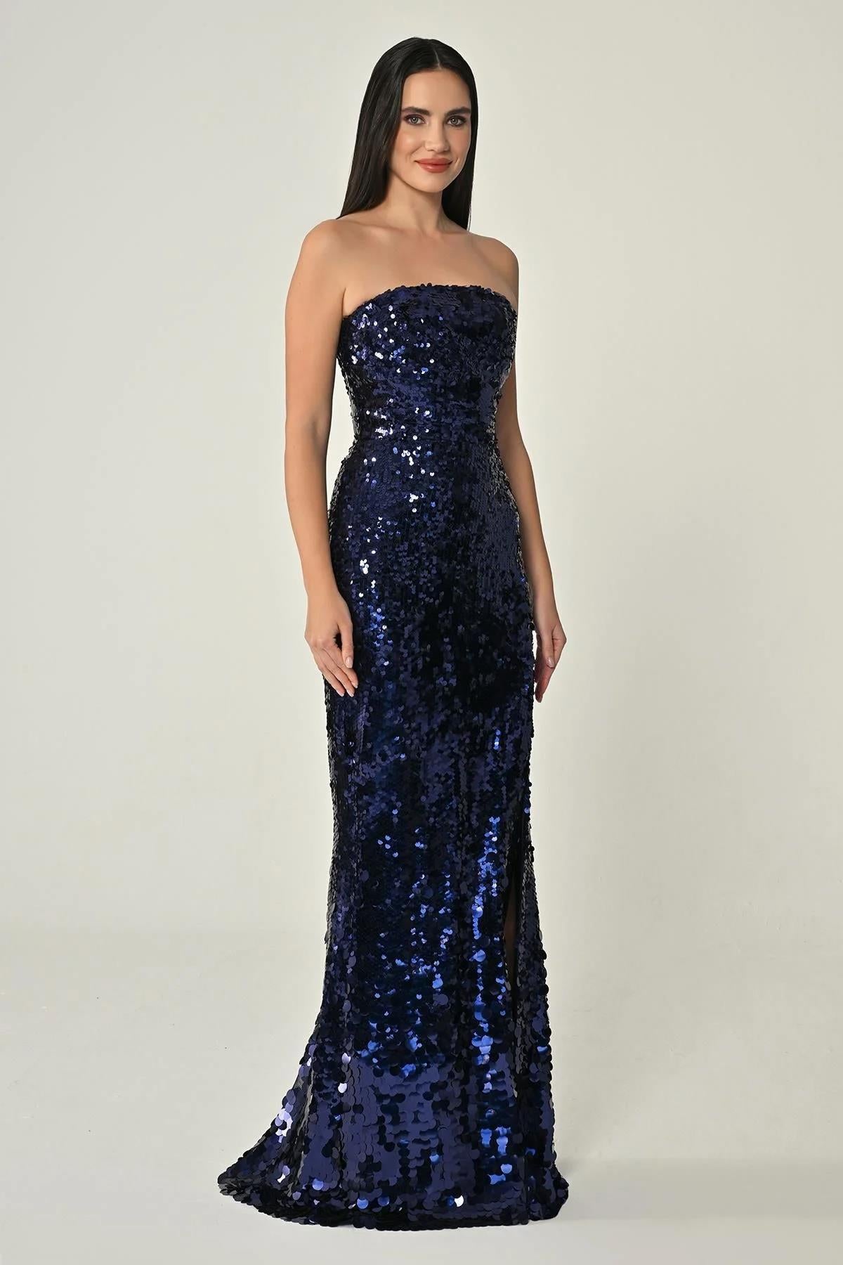 Strapless Front Slit Full Sequin Long Evening Dress
