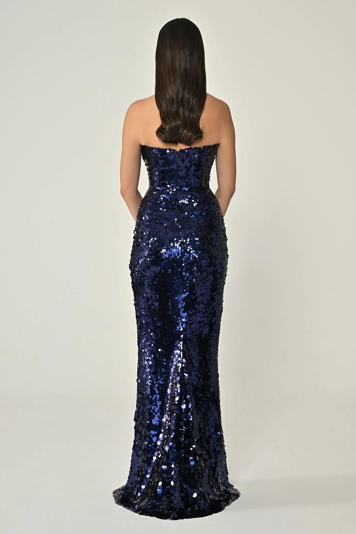 Strapless Front Slit Full Sequin Long Evening Dress