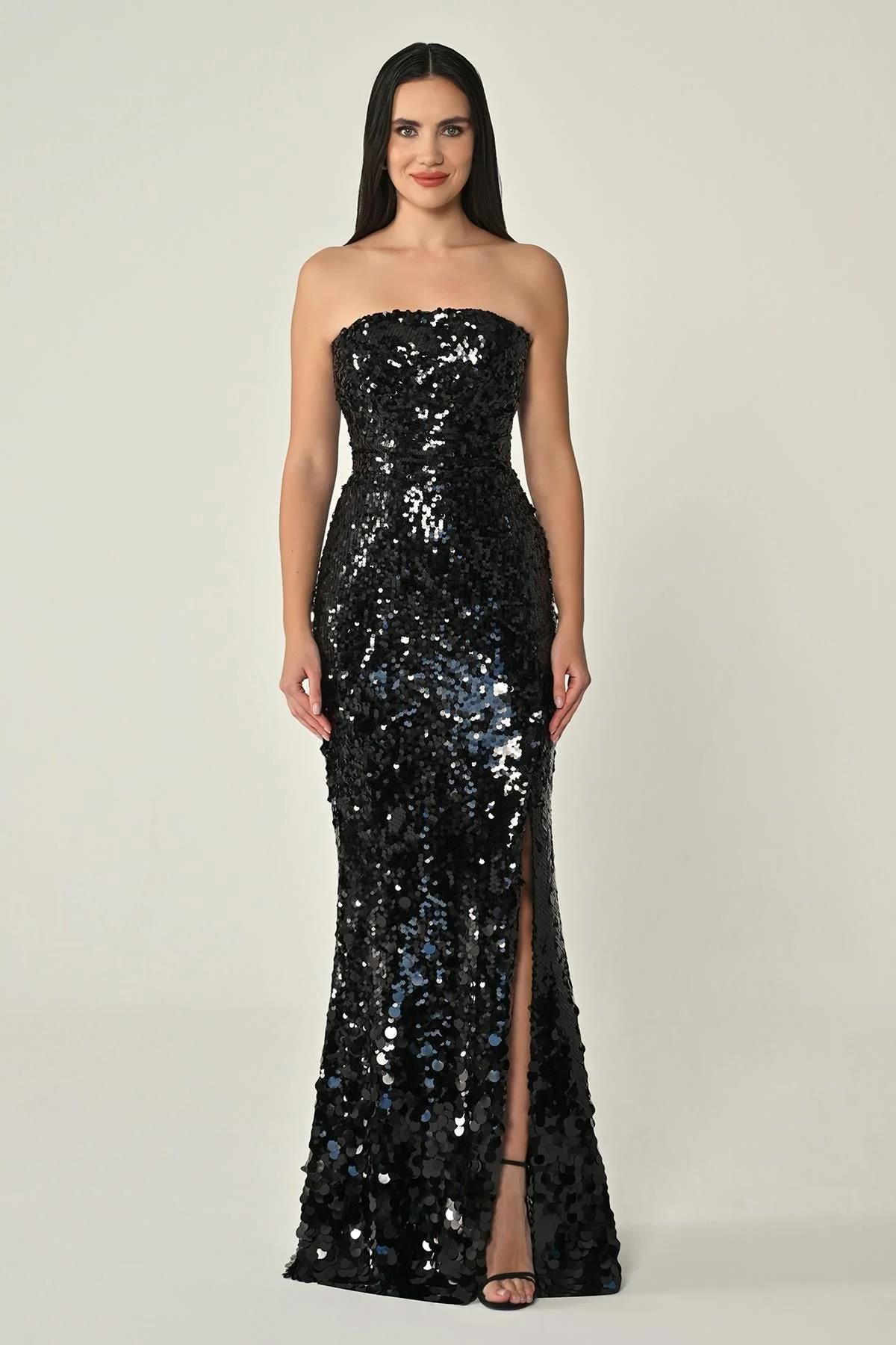 Strapless Front Slit Full Sequin Long Evening Dress