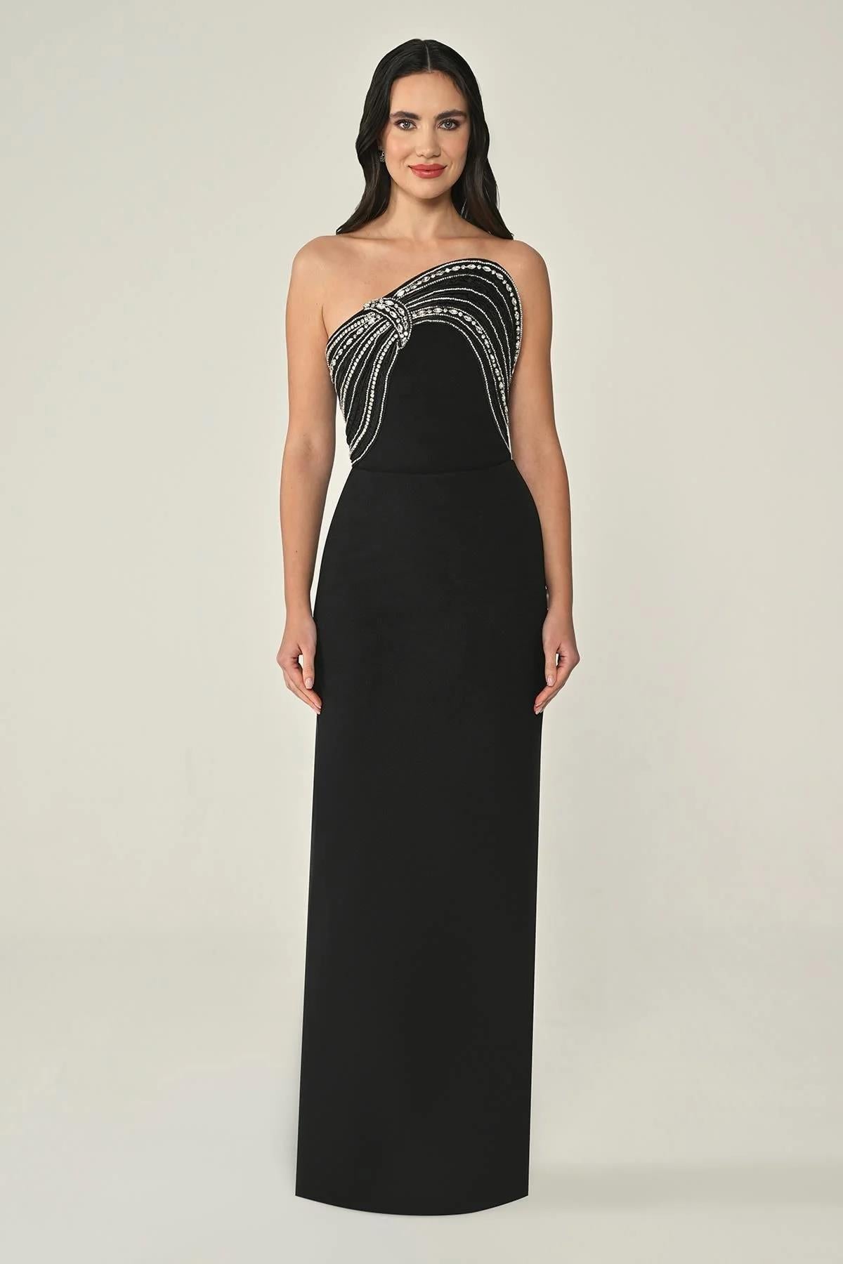 Strapless Ribbon Stone Accessory Crepe Long Evening Dress