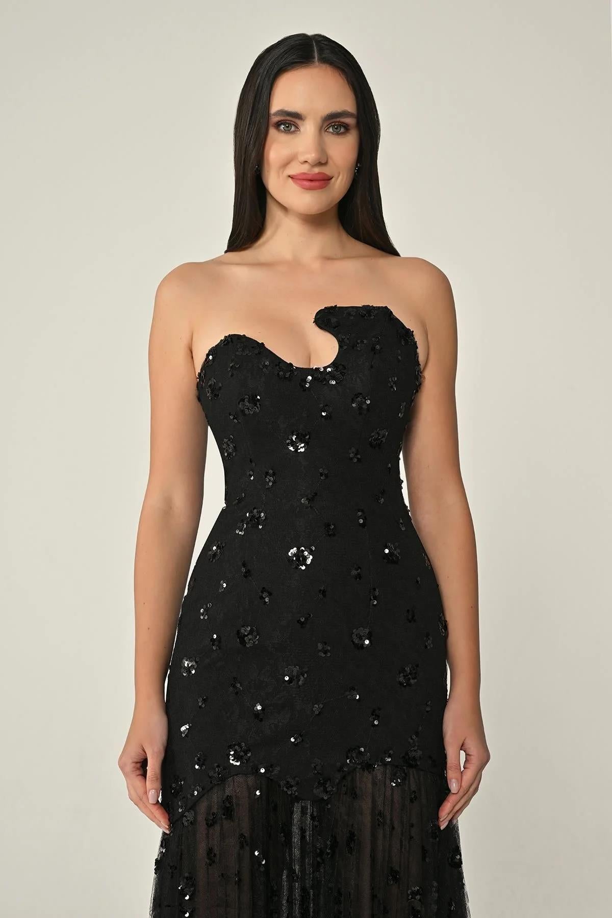 Strapless Chest Asymmetrical Cut Skirt Sequined Tulle Long Evening Dress