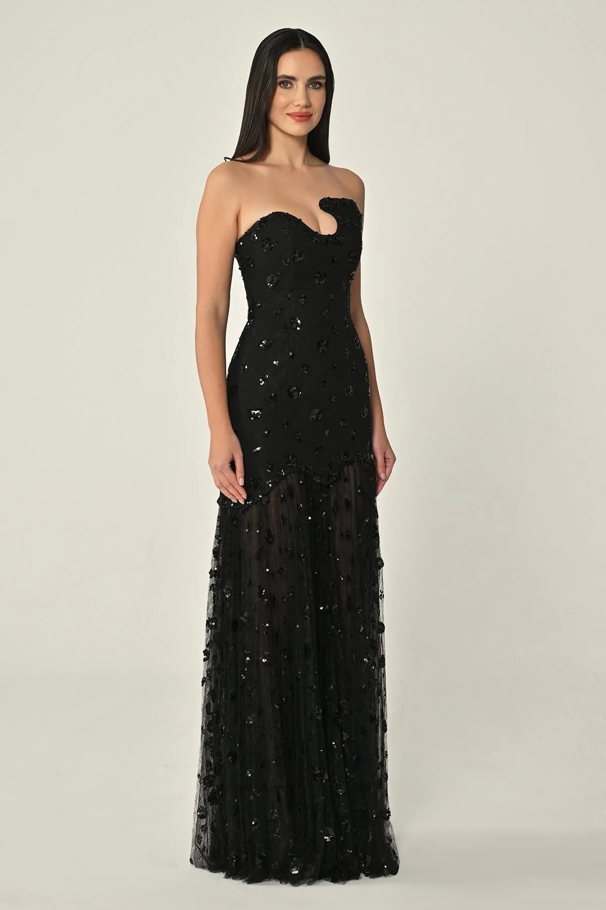 Strapless Chest Asymmetrical Cut Skirt Sequined Tulle Long Evening Dress