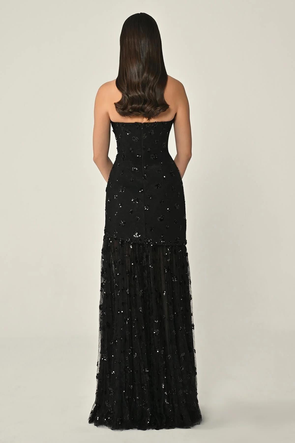 Strapless Chest Asymmetrical Cut Skirt Sequined Tulle Long Evening Dress