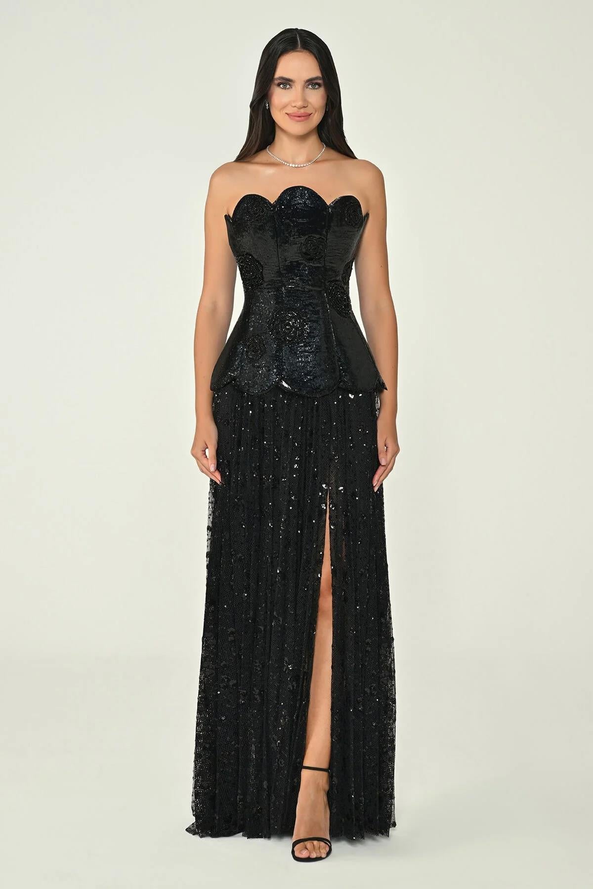 Straplez Üst İpek Kadife Eteği Payet Uzun Abiye Elbise