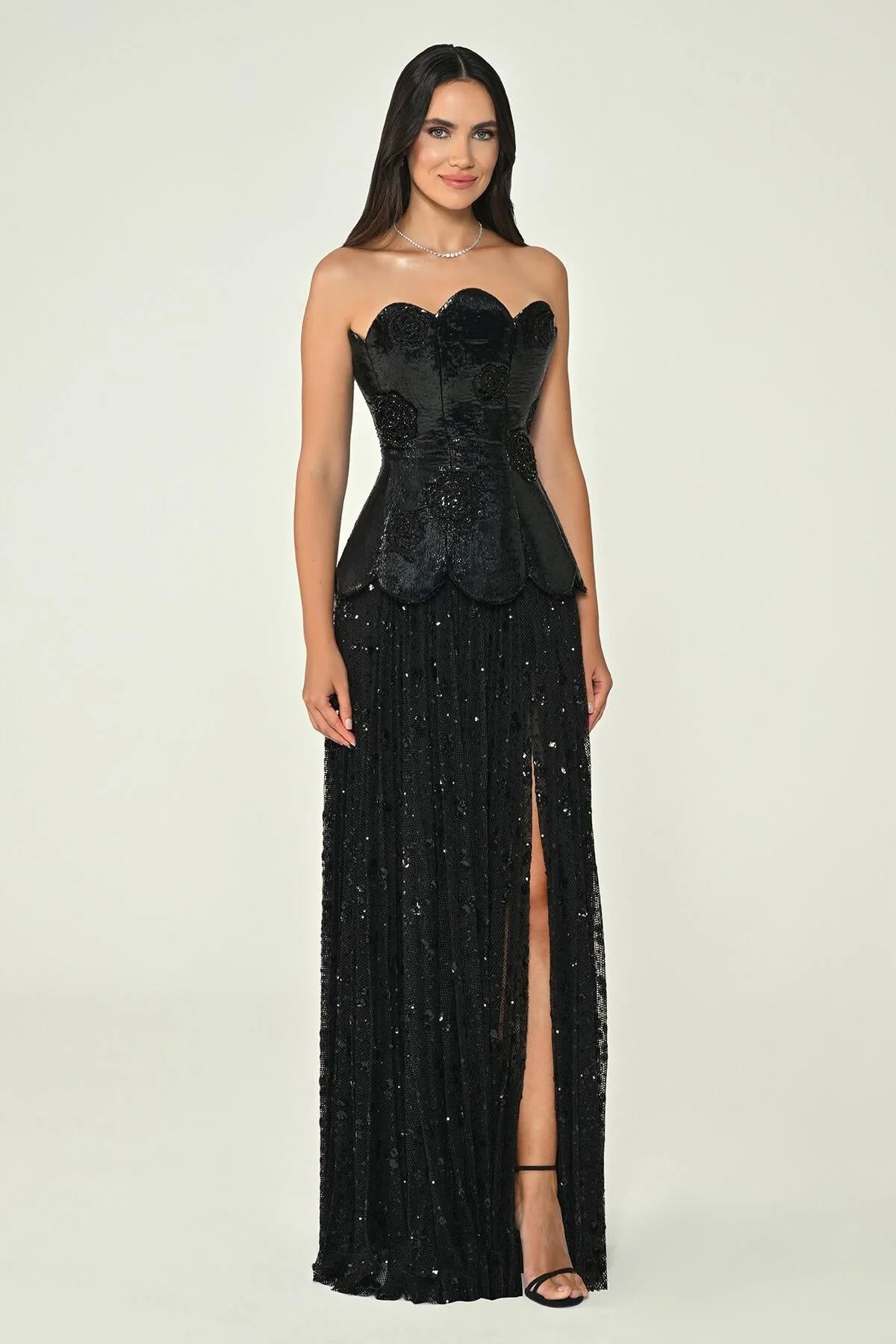 Straplez Üst İpek Kadife Eteği Payet Uzun Abiye Elbise