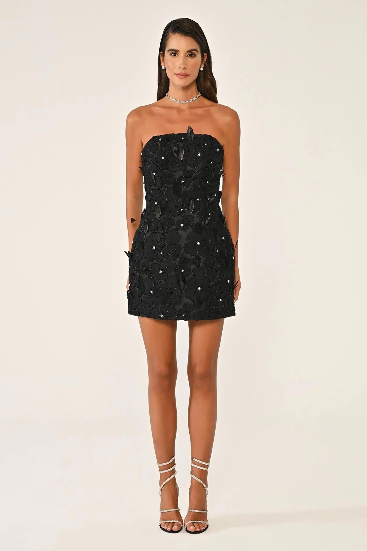 Strapless Feathered Floral Accessory Crepe Short Evening Dress