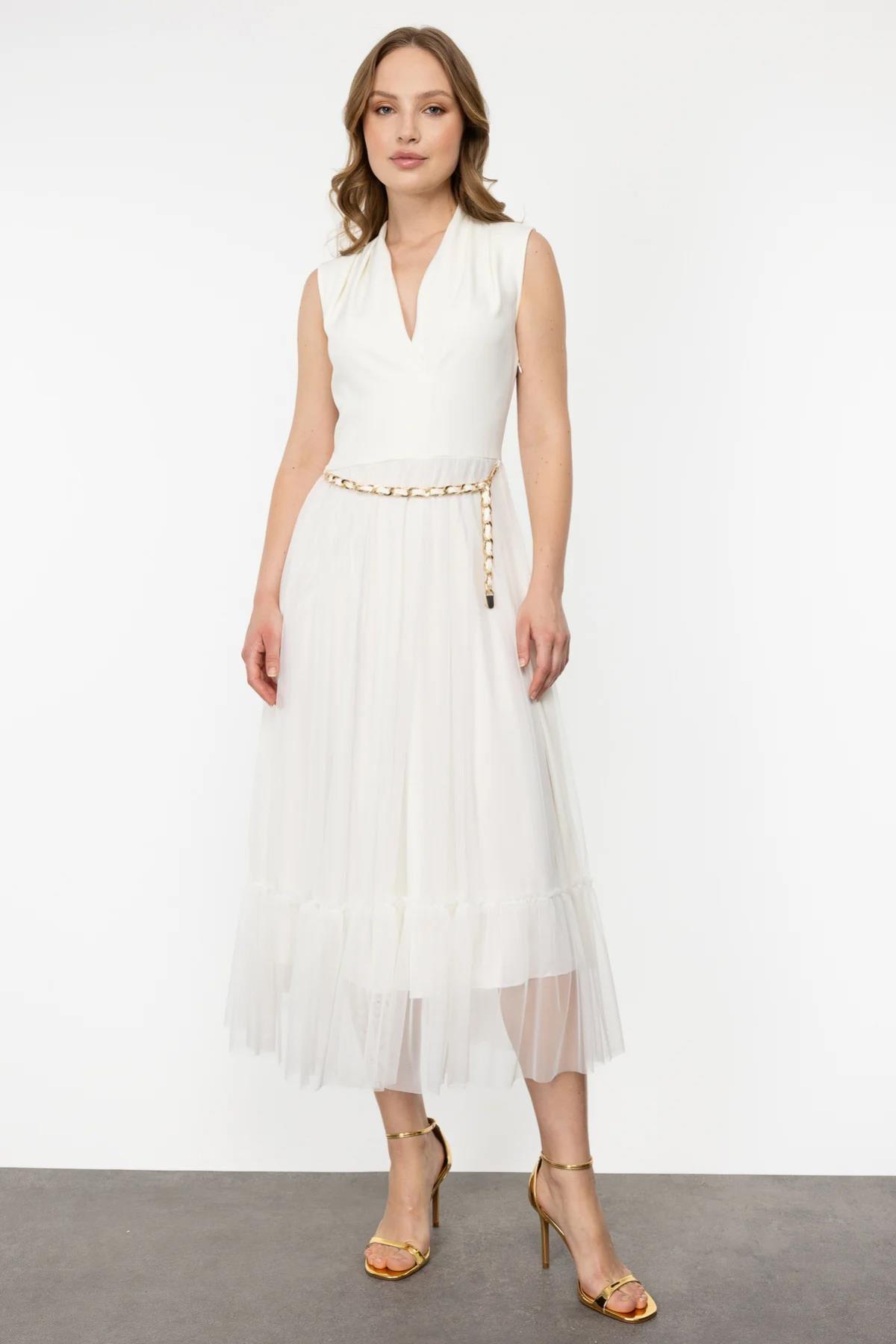 Altı Tül Kolsuz V Yaka Kemerli Elbise - Eser Giyim