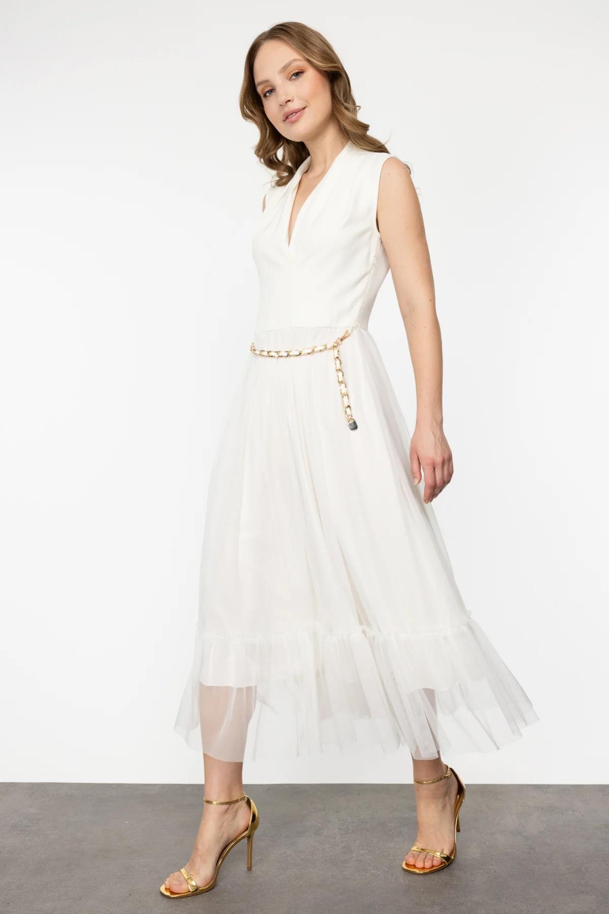 Altı Tül Kolsuz V Yaka Kemerli Elbise - Eser Giyim